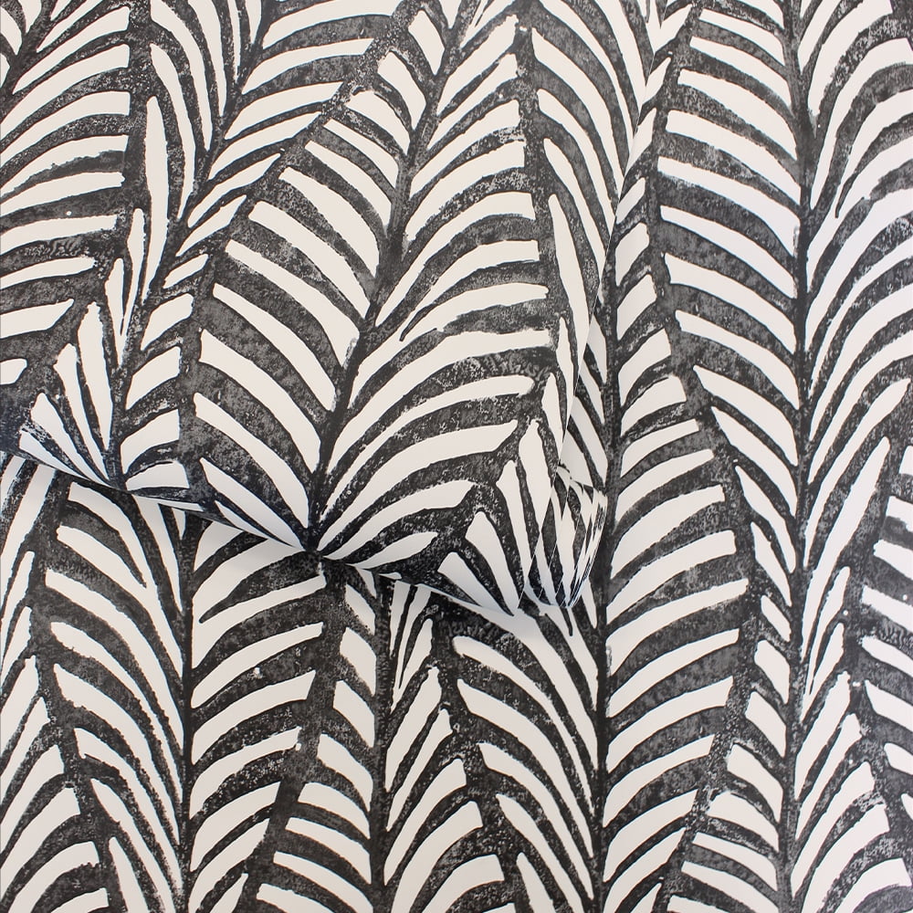 Tempaper Block Print Leaves Peel and Stick Wallpaper (Black, 20.5 in x 16.5 ft) vj2fh