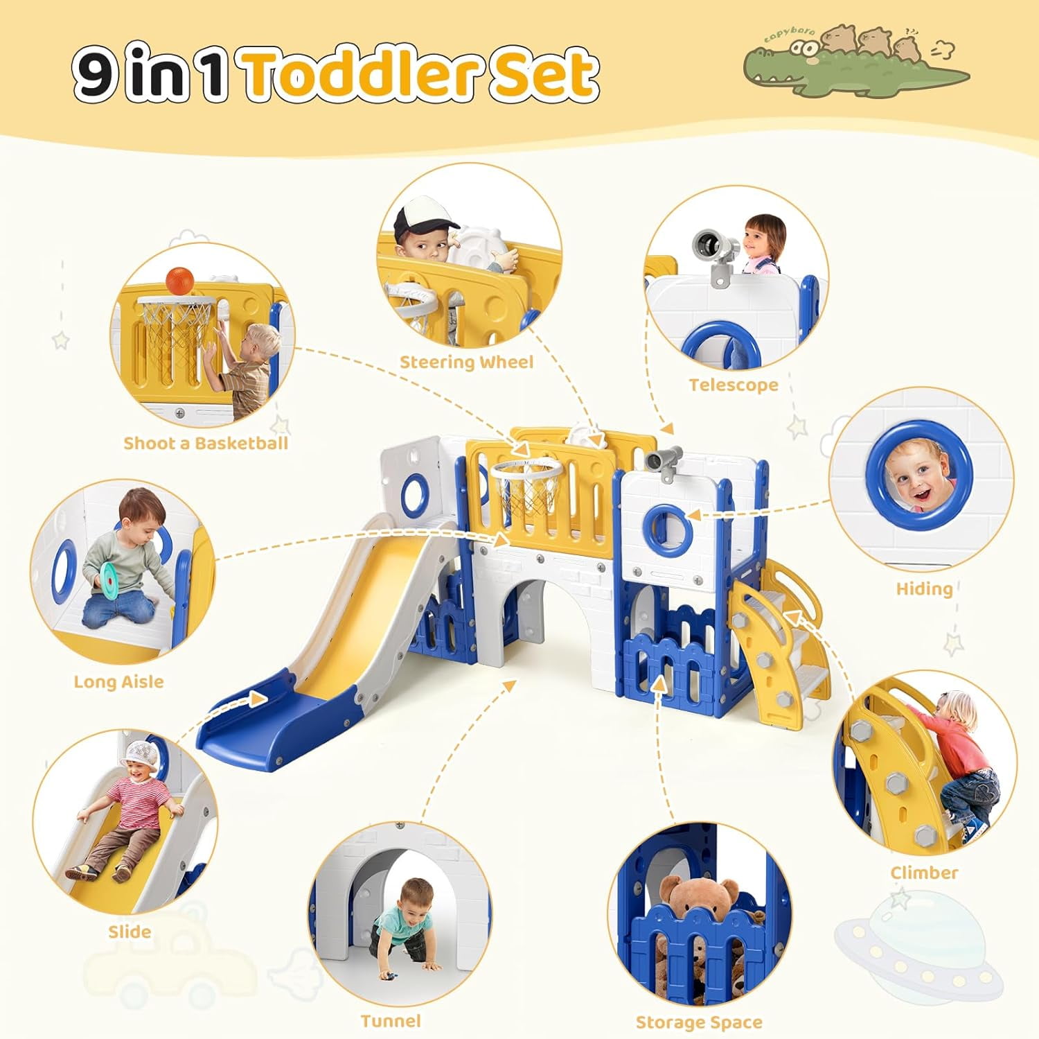 LAZY BUDDY 9-in-1 Toddler Slide and Climber Playset with Basketball Hoop and Storage (Blue) ifcey