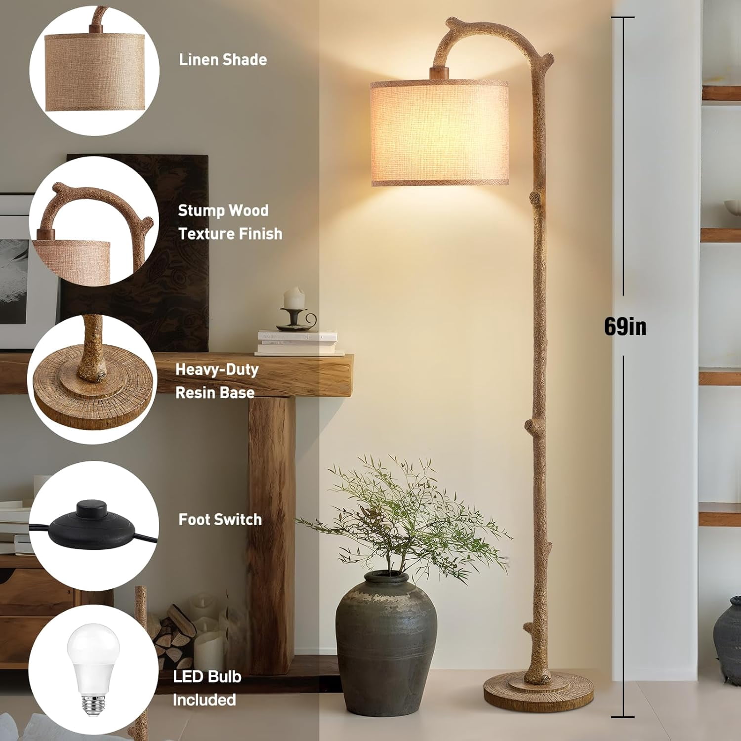 NATYSWAN Rustic Farmhouse Floor Lamp, Vintage Tall Standing Light for Living Room and Bedroom (Brown, 69 in) i3sim