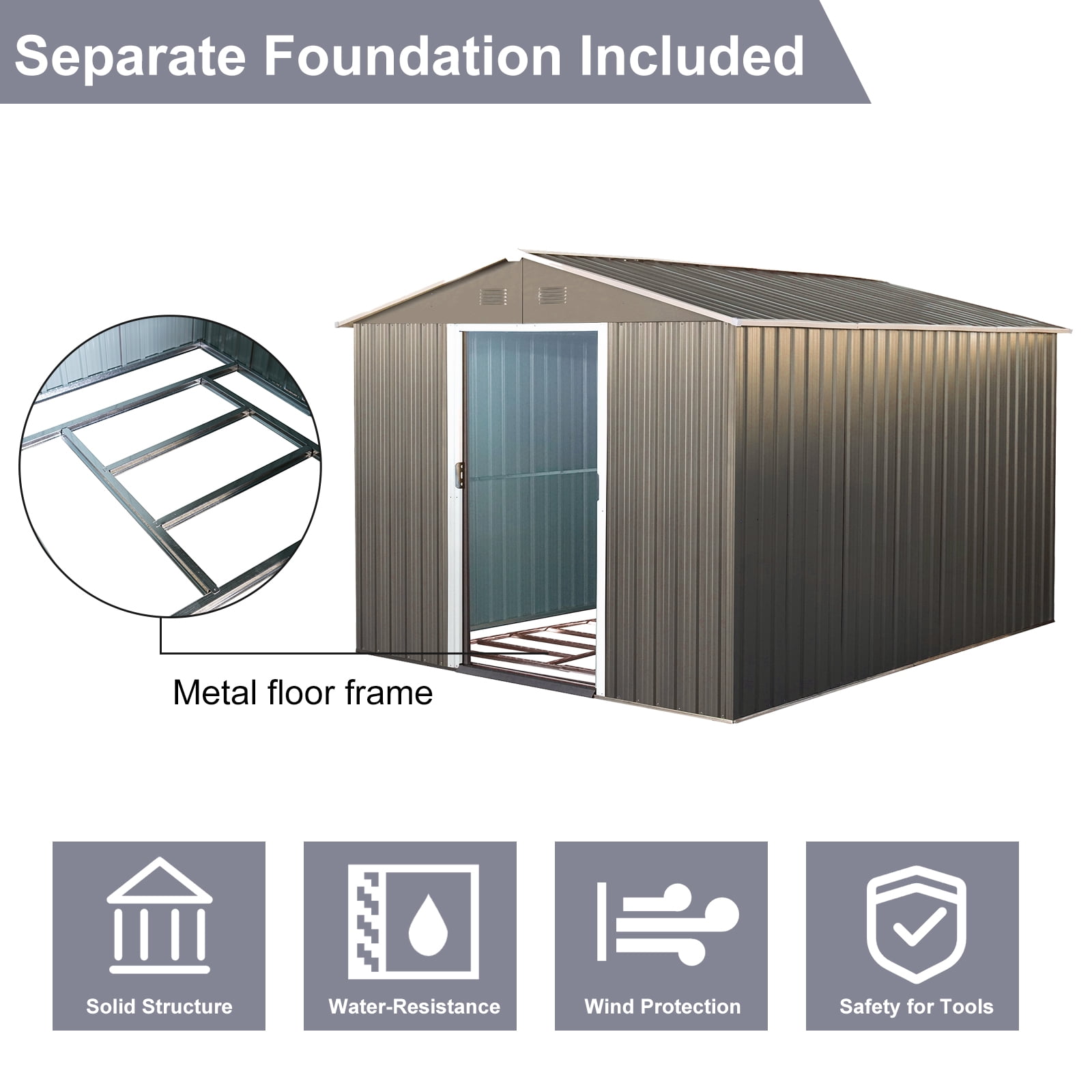 LofyJoy Metal Outdoor Storage Shed, Weather-Resistant Backyard Garden Tool Organizer with Lockable Sliding Doors and Vents (Grey, 8 ft x 10 ft) fm73f