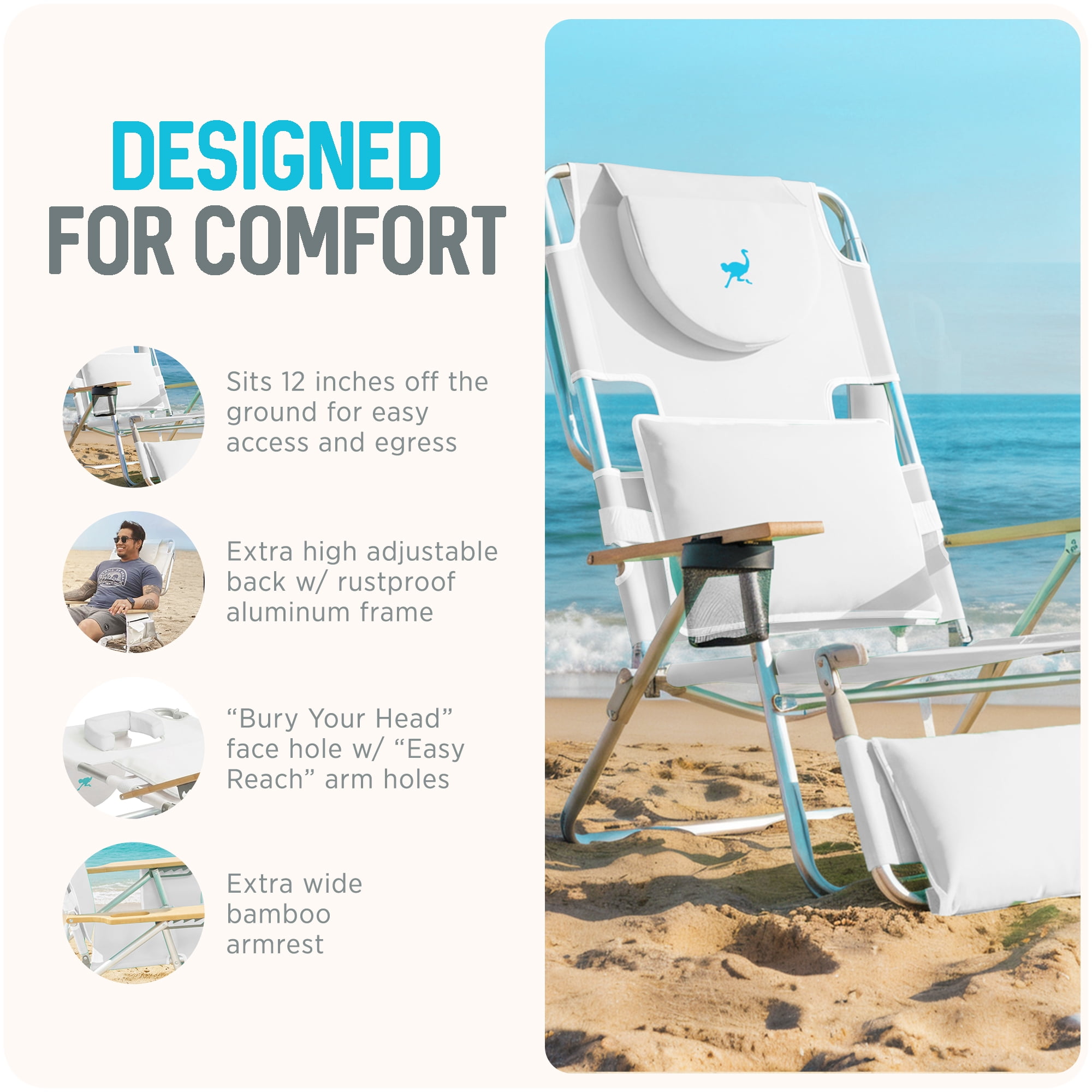 Ostrich Deluxe 3N1 Lightweight Outdoor Beach Lounge Chair with Footrest (White, 60.76 in x 28.10 in x 39.73 in) gu2iy