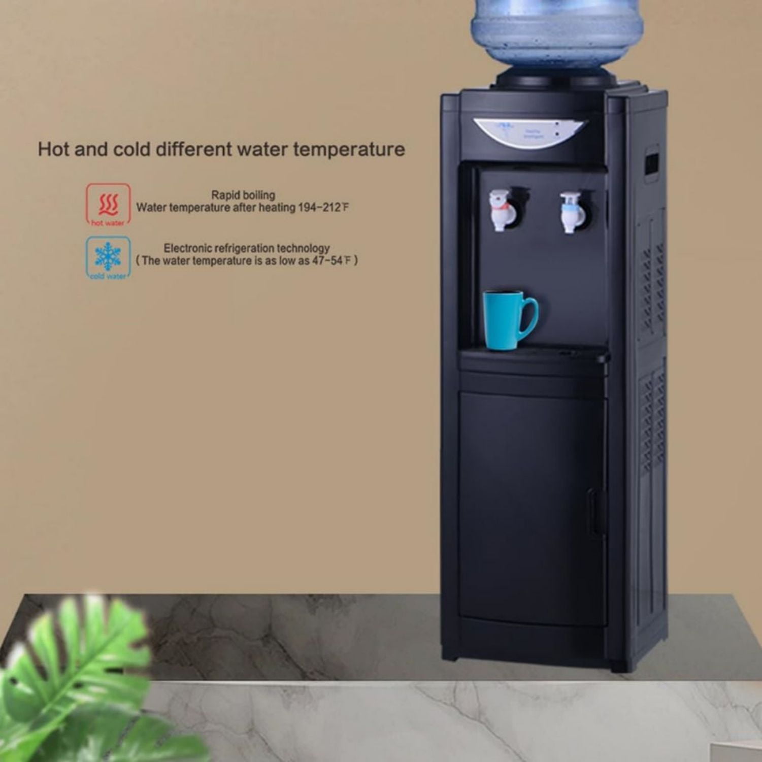 LUVCMFT Top Loading Water Dispenser with Storage Cabinet and Child Safety Lock (Black, 5 Gallon Capacity) dl1n7