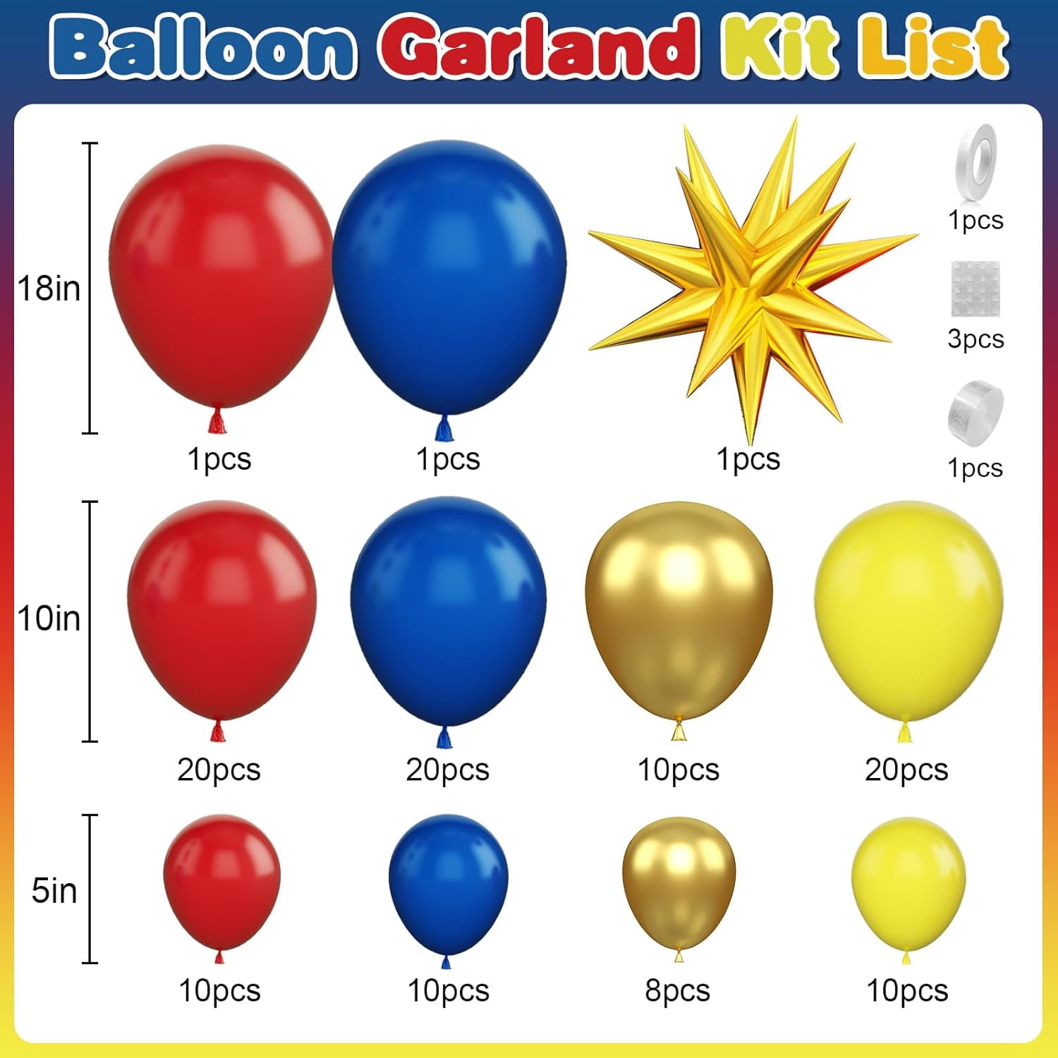 Party Decor Balloon Garland Kit, Carnival Circus Arch Set with Red Yellow Blue and Metallic Gold Balloons (111 Piece Set) 70szc