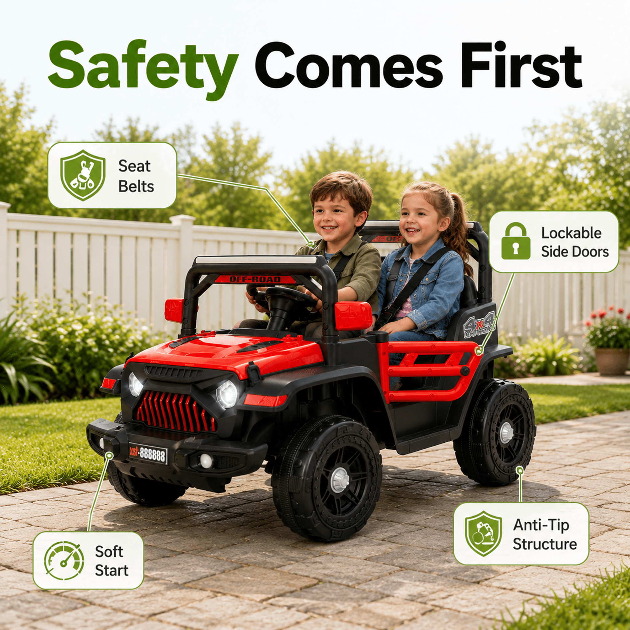 FUPOJH 12V Electric Kids Ride-On Jeep with Remote Control, Bluetooth Music, and 4-Wheel Suspension (Red, 66 lb Capacity) 3f3rs