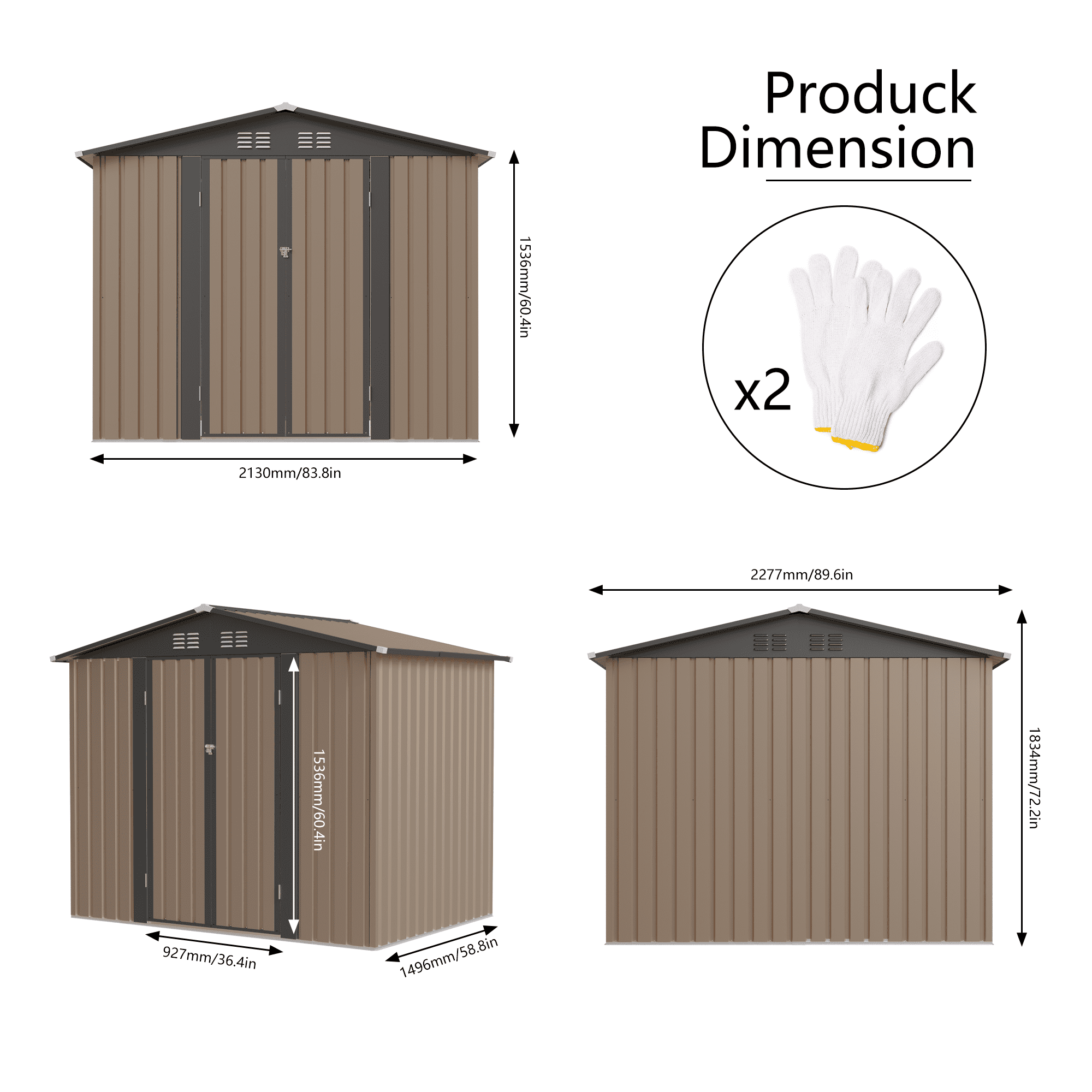 FFZ Galvanized Steel Garden Storage Shed with Apex Roof (Brown, 8x6 ft) l2dlr