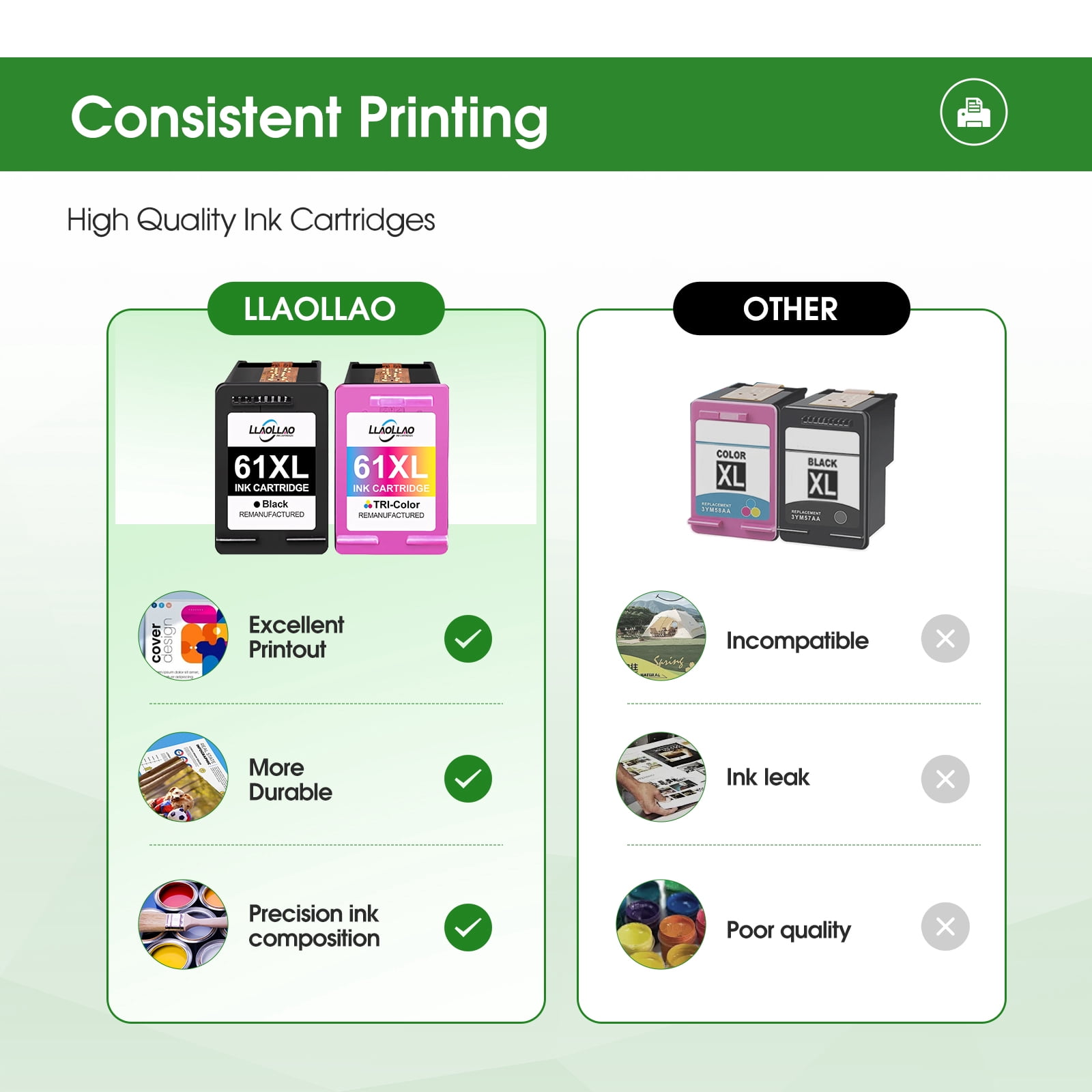 LLAOLLAO 61XL Ink Cartridge Replacement for HP Printers (Black & Tri-Color, 2 Pack) k3psa