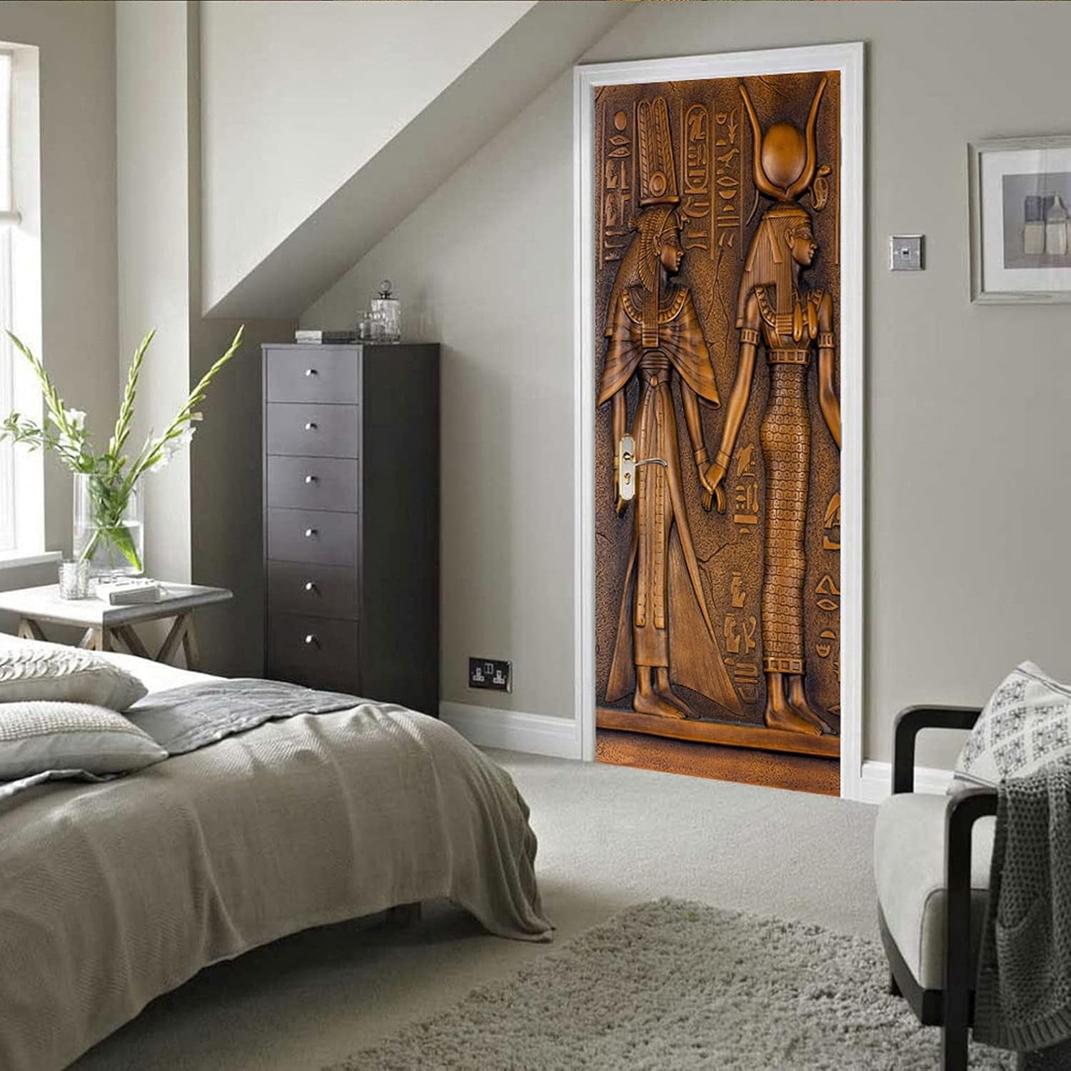 YiZeDaMS 3D Egyptian Sculpture Door Mural Wallpaper Waterproof Vinyl Home Decor Decal (Multicolor, 30.3 in x 78.7 in) jgynf