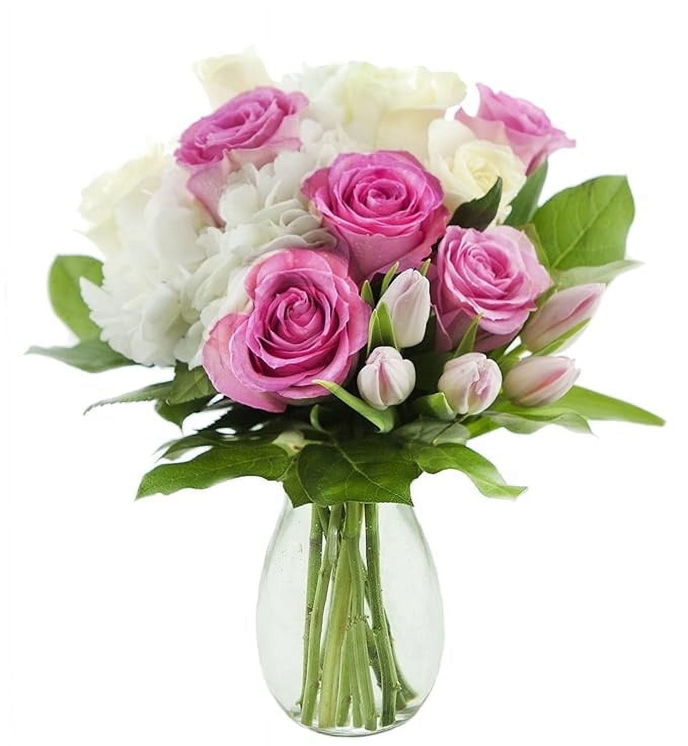 KaBloom Fresh Flower Bouquet with Pink and White Roses, Tulips, and Hydrangeas (18 Stems) 3yl1i