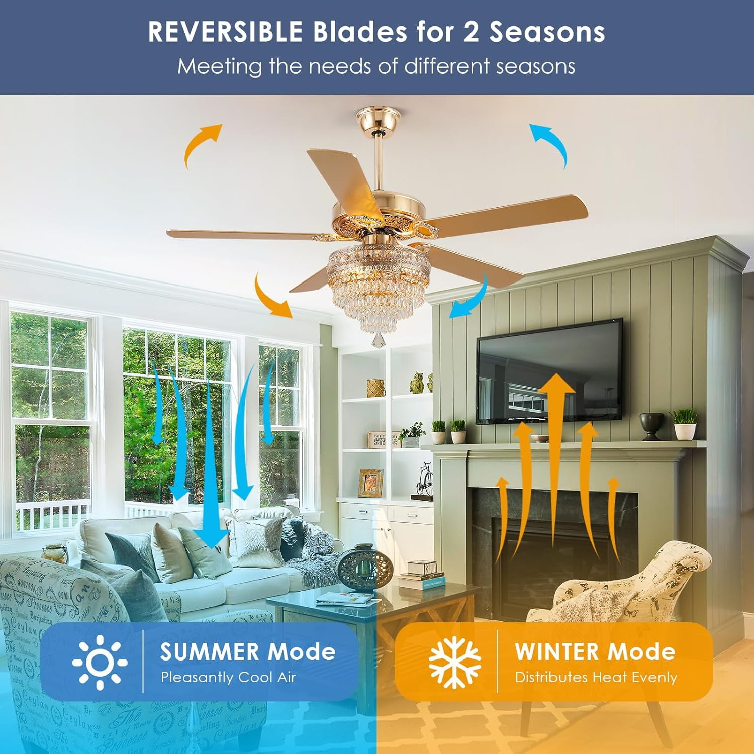 Yiosi 52 in Crystal Chandelier Ceiling Fan with Remote Control, 3-Speed AC Motor, Farmhouse Lighting for Living Room (Gold, 52 in) zuq47