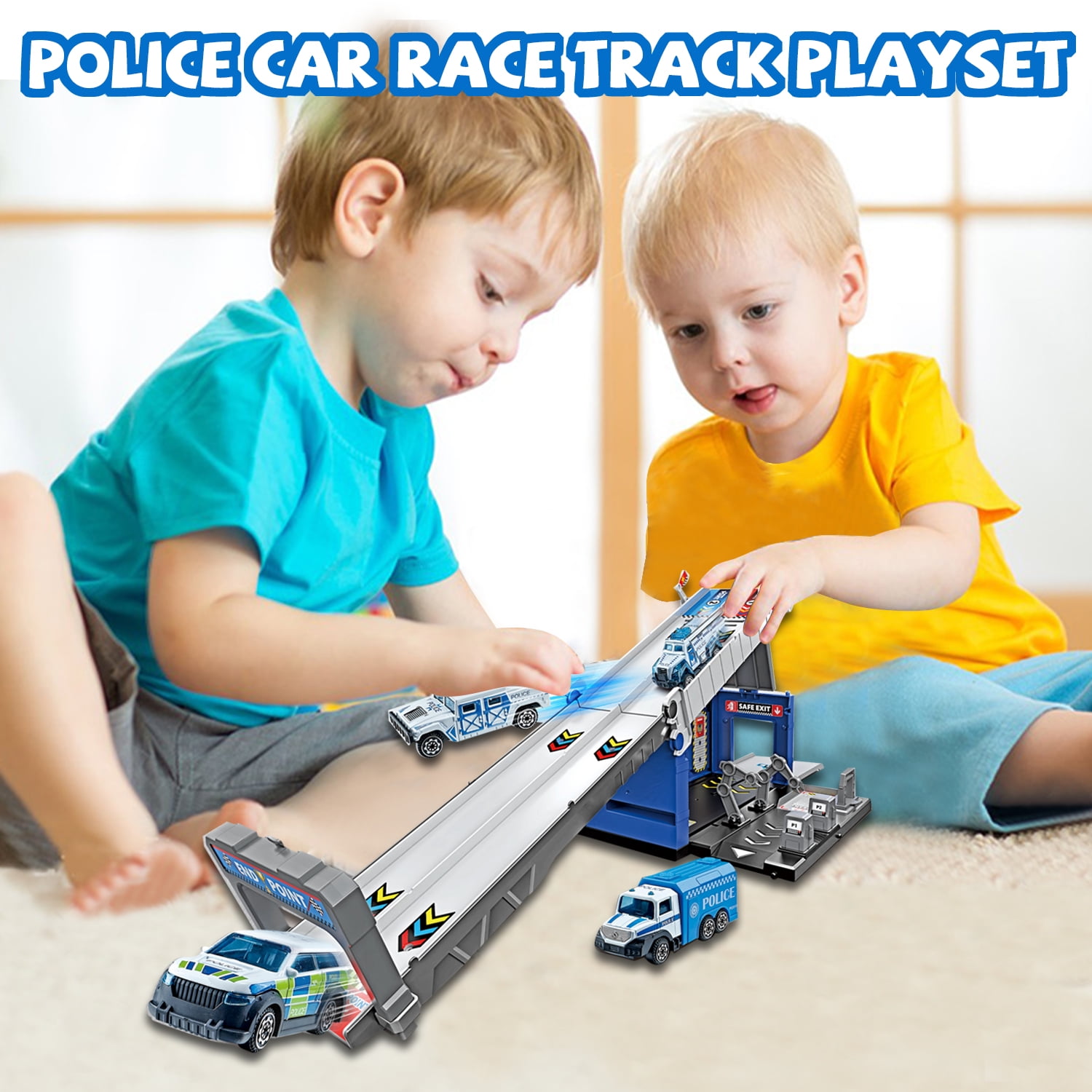 Sytle-Carry Die-Cast Police Car Track Set, 2-in-1 Folding Storage Carrier with 4 Toy Vehicles (1 Set) niq88