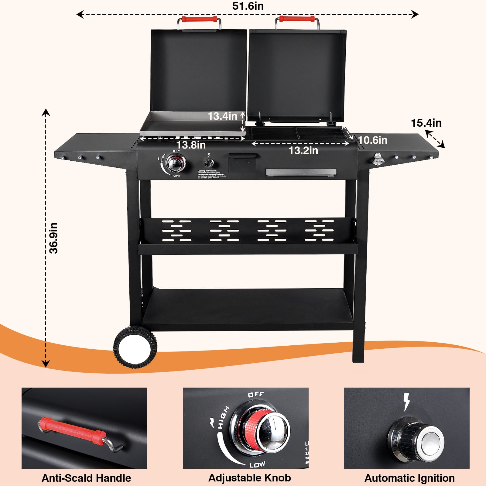 SIXDAYSOX Dual Fuel Charcoal and Propane Grill Combo with Dual Lids (Black, 327 sq in) 3sz05
