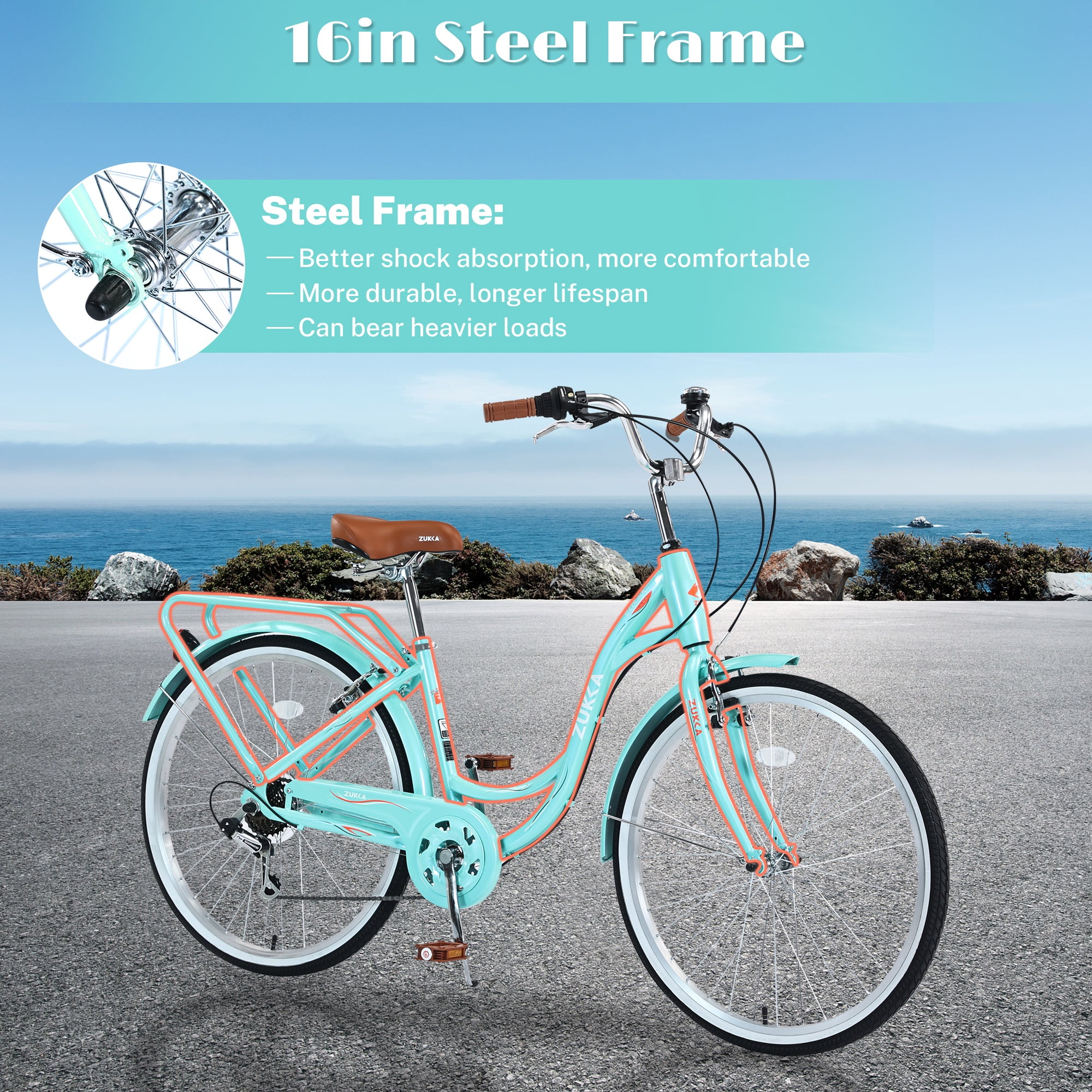 iYofe 26 in Women's Beach Cruiser Bike, 7-Speed Hybrid Commuter Bicycle with Dual Brakes and Rear Seat (Cyan, 26 in) udhm8