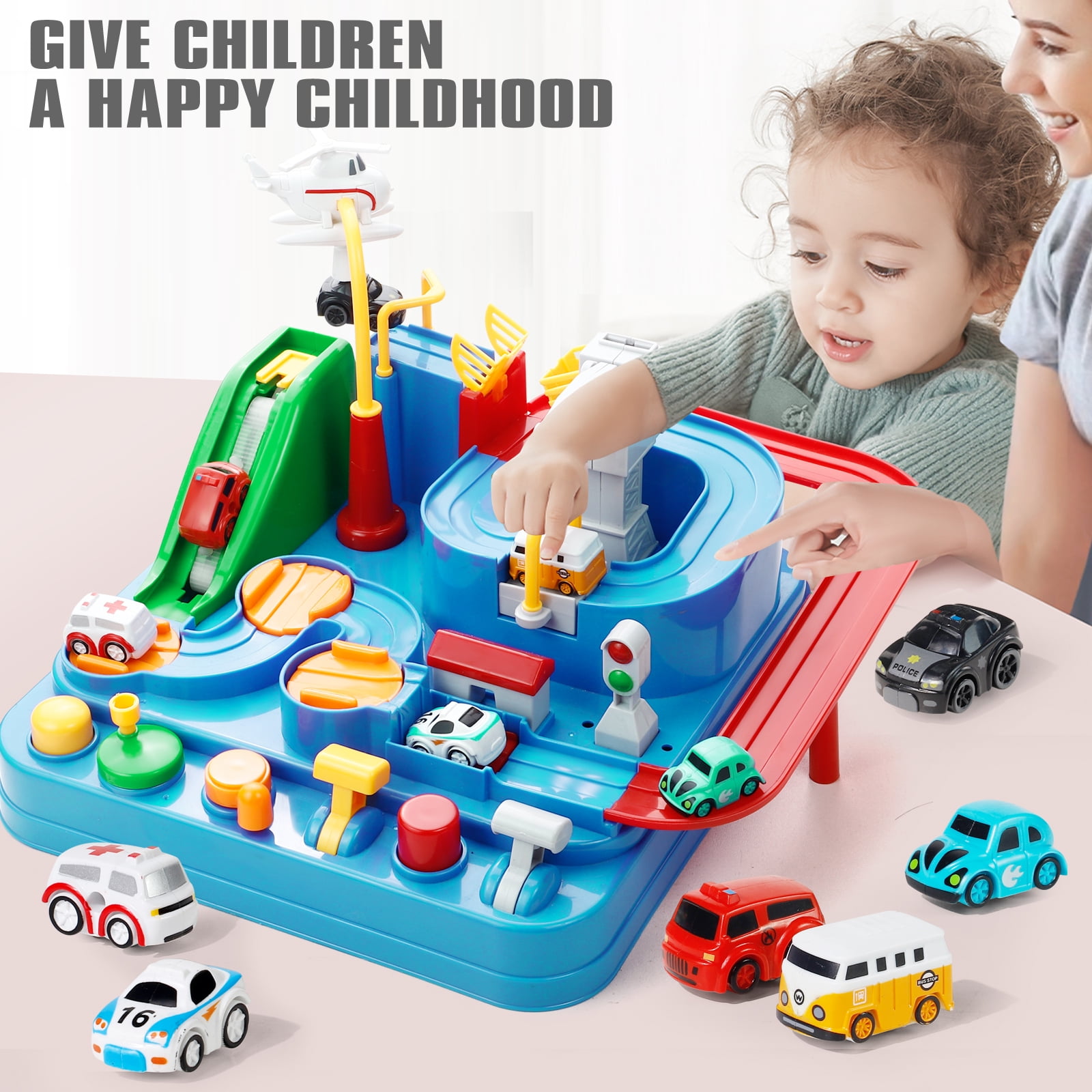 NETNEW Adventure Race Car Track Playset with 4 Mini Vehicles and 1 Helicopter (Blue, 1 Set) p5cmm