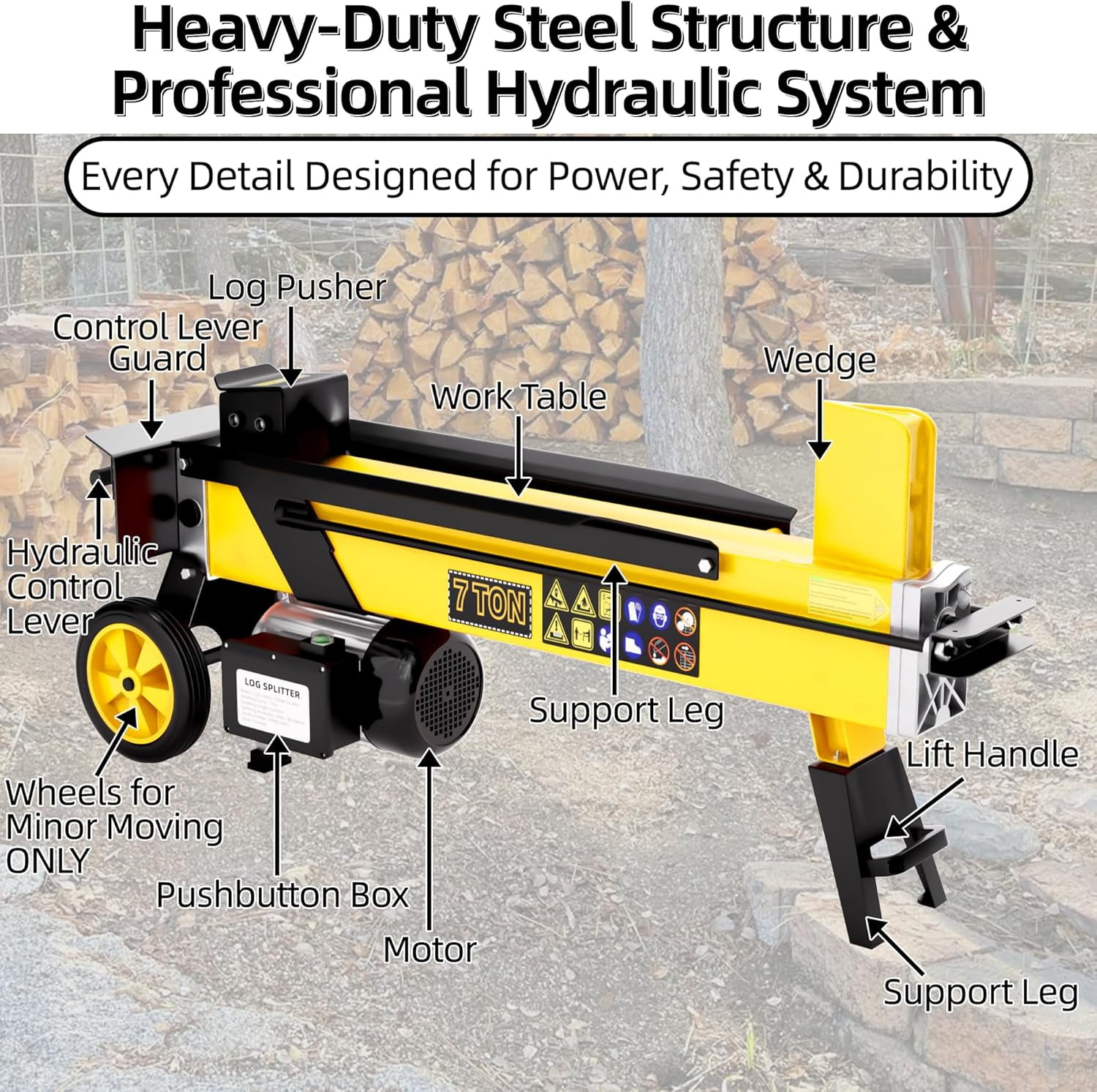 PPOLB 7-Ton Portable Electric Log Splitter, Heavy-Duty Hydraulic Firewood Machine (Yellow, 21.2 in) bihka