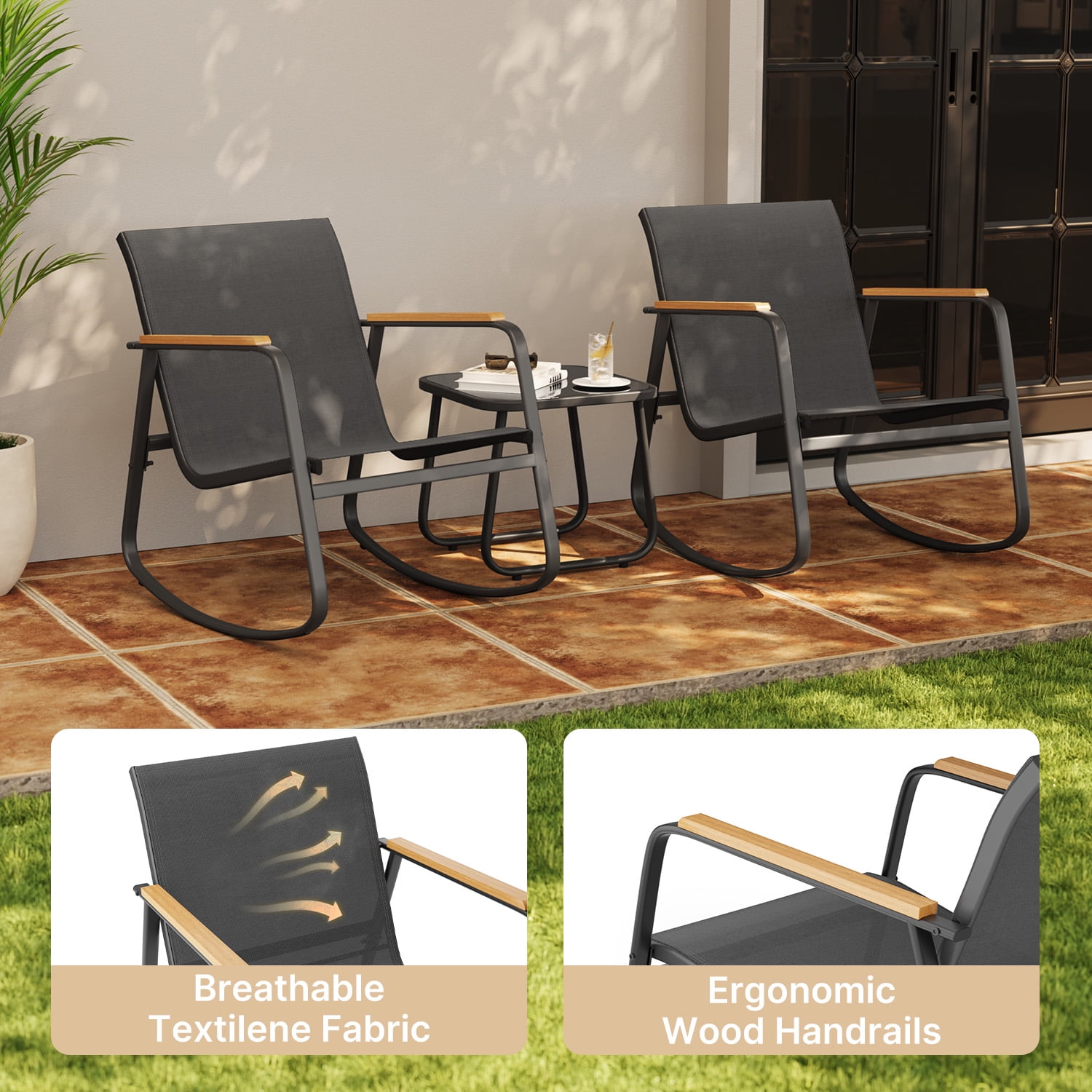 Lofka 3 Piece Patio Furniture Set, All-Weather Teslin Outdoor Rocking Chair Set with Tempered Glass Coffee Table (Black, 3 Piece Set) 649ri