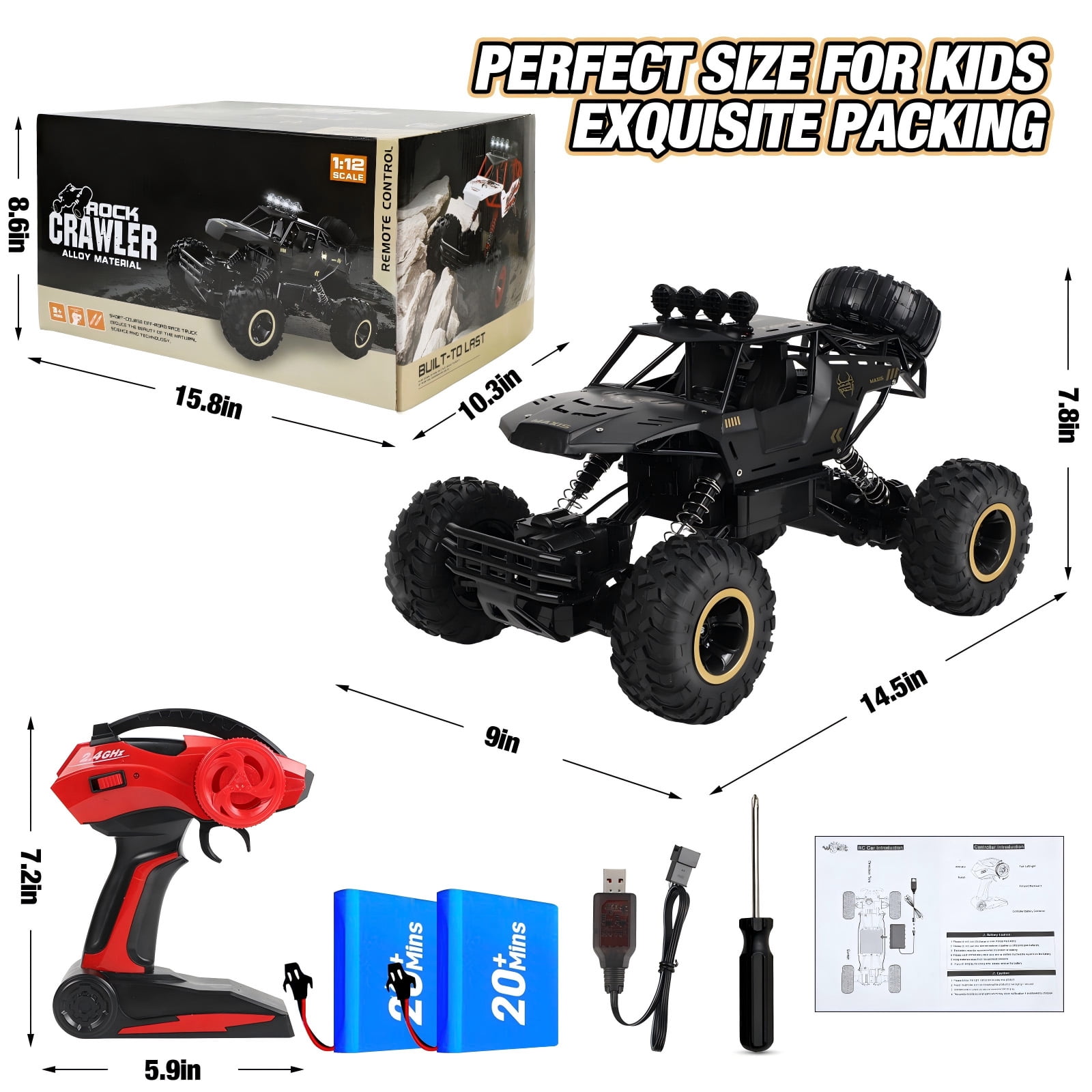 Wisairt 1:12 Scale RC Monster Truck, 4WD Remote Control Off-Road Vehicle with Alloy Body (Black, 1:12 Scale) i4gm9