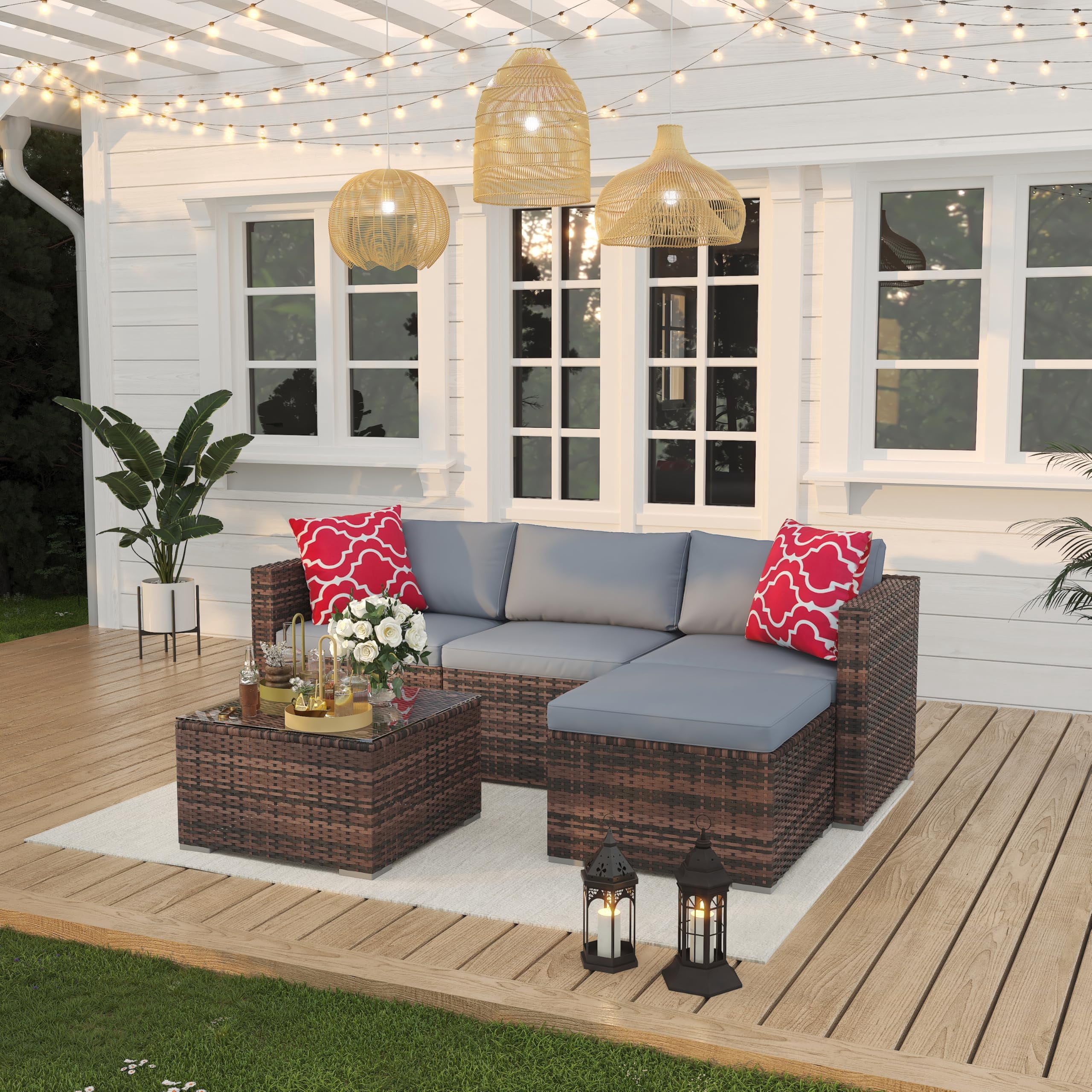 EliteEdge 5-Piece All-Weather PE Rattan Patio Sofa Set, Modular Outdoor Furniture with Tempered Glass Table and Waterproof Cushions (Brown Rattan, Light Grey Cushion, 5-Piece Set) i6xq3