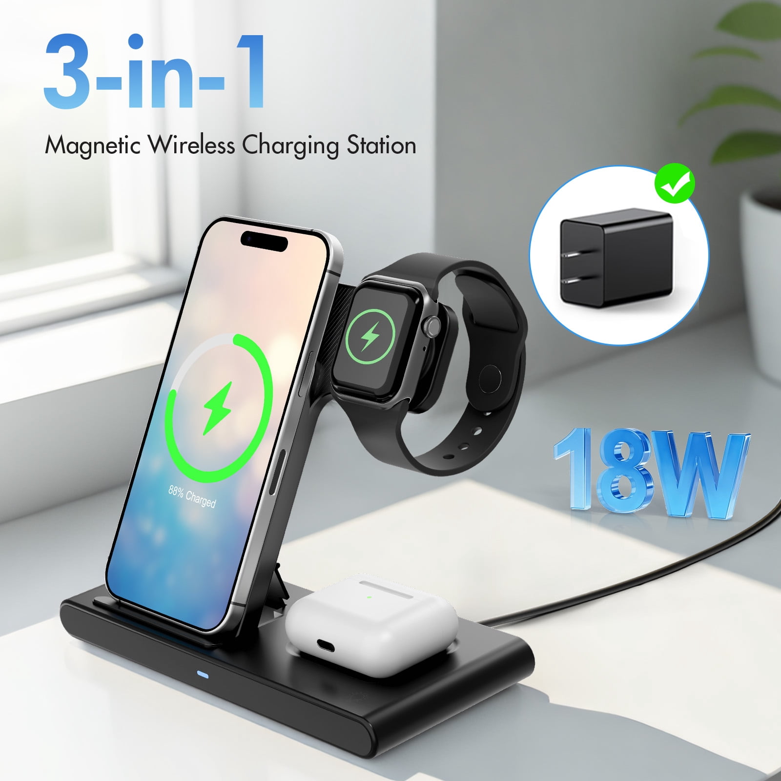 BAOKALER 3-in-1 Wireless Charging Station, Fast Charging Dock for iPhone, Apple Watch, and AirPods (Black, 15W) on0yj