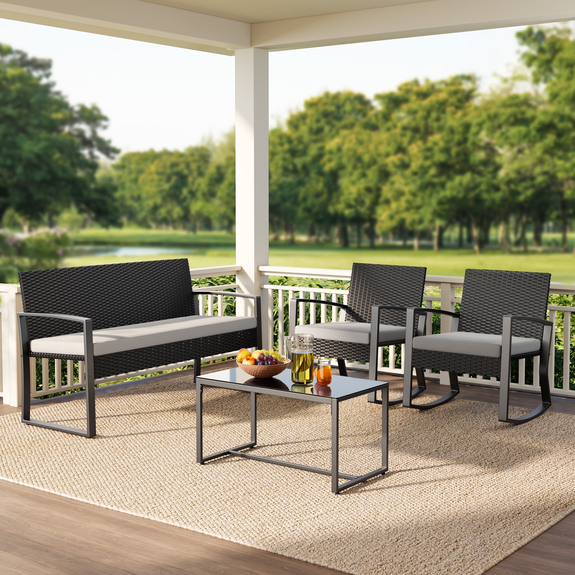 Lofka Outdoor Patio Furniture Set with Wicker Chairs and Tempered Glass Table (Gray, 4-Piece Set) 3vui5