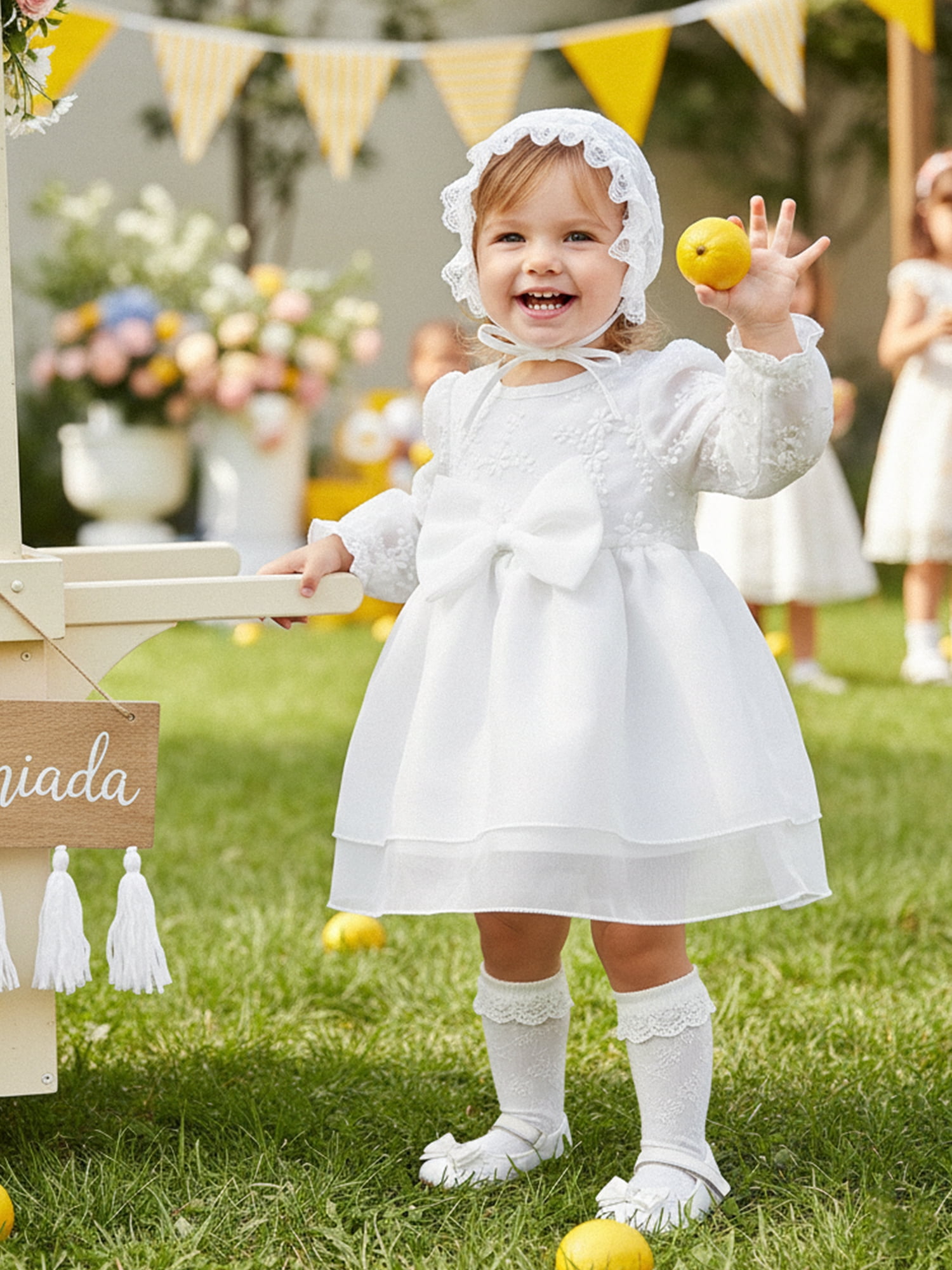 BemeyourBBs Newborn Baby Girls Tulle Tutu Dress with Hat, Floral Embroidery Long Sleeve Christening Outfit (White, 0-6 Months) eqz3w
