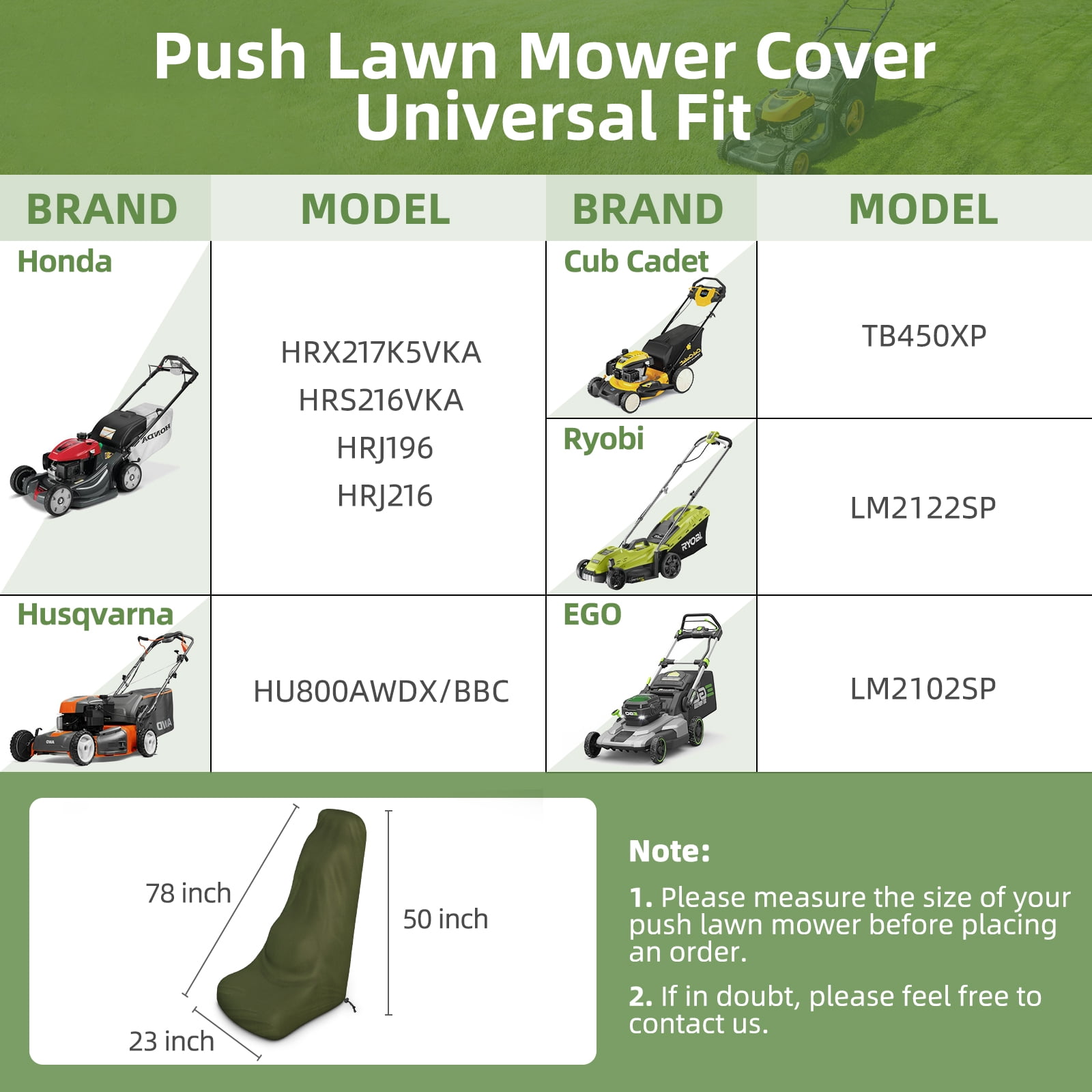 Zenicham Lawn Mower Cover, Heavy-Duty Waterproof Outdoor Push Mower Protection (Green, 78x23x50 in) 62kq8