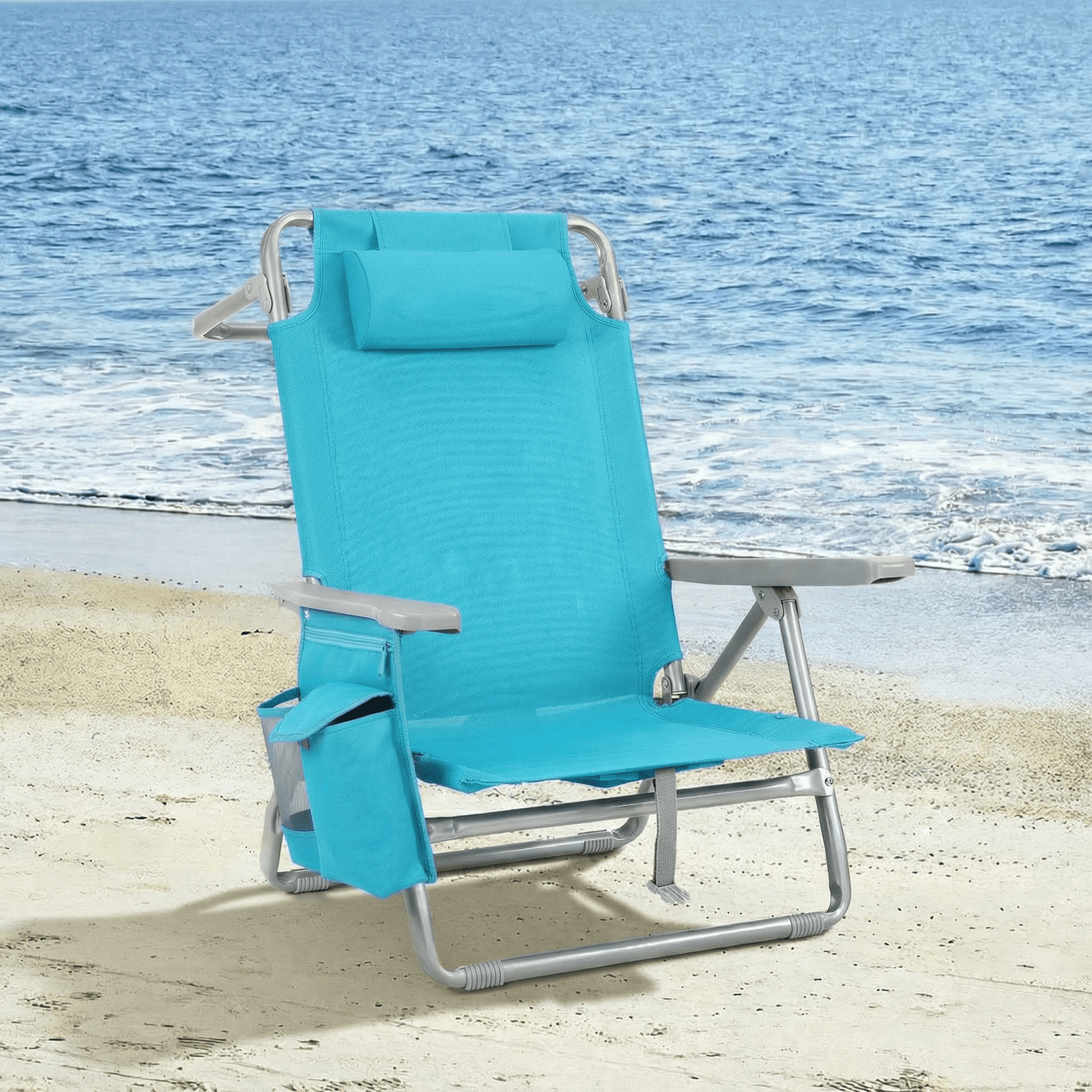 Pirecart Foldable Backpack Beach Chair with 5-Position Recline, Cooler Pouch, and Headrest (Sky Blue, 25 in Wide) 0mr13
