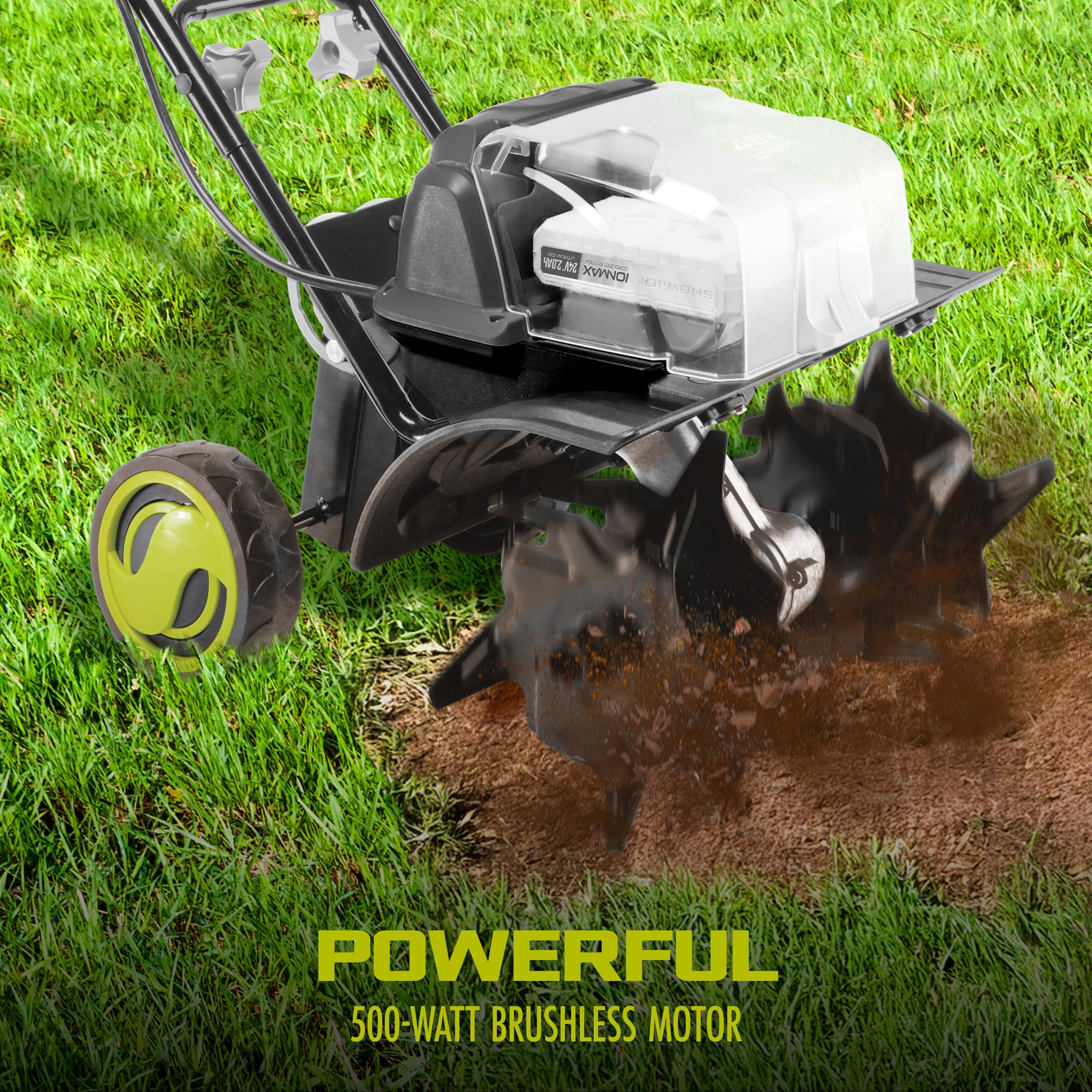 Sun Joe 48V Cordless Garden Tiller and Soil Cultivator, Electric Power Tool for Yard Maintenance (Green, 14 in Width) wllps