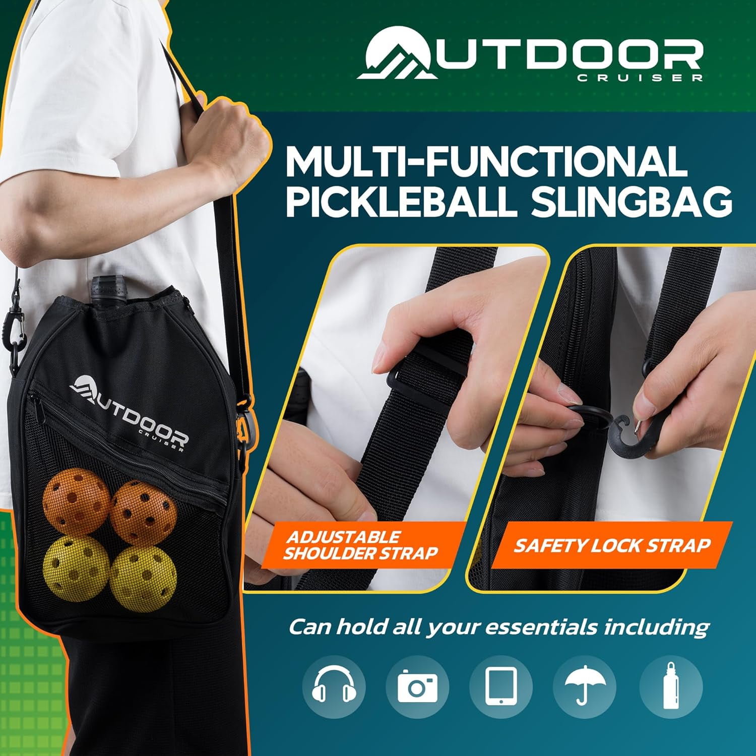 OutdoorCruiser Pickleball Racket Set Carbon Fiber Lightweight Paddles with Honeycomb Core (Black, 2 Rackets, 4 Balls, 1 Sling Bag) psvry