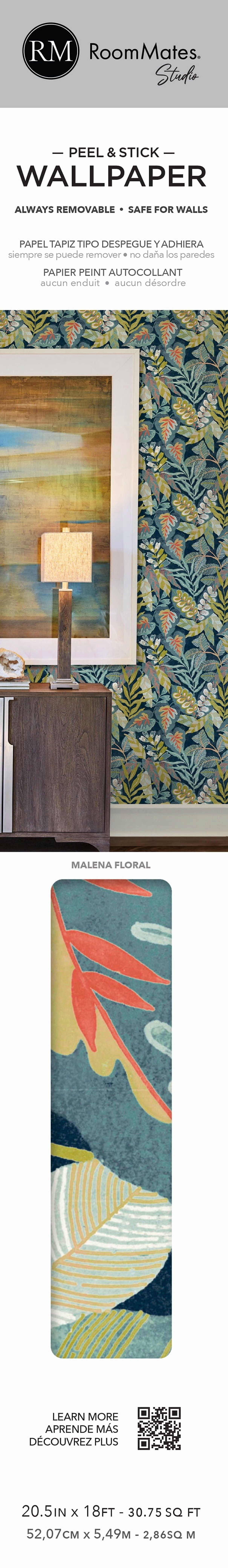 Roommates Studio Malena Floral Peel and Stick Wallpaper (Blue, 30.75 sq ft) zsz58