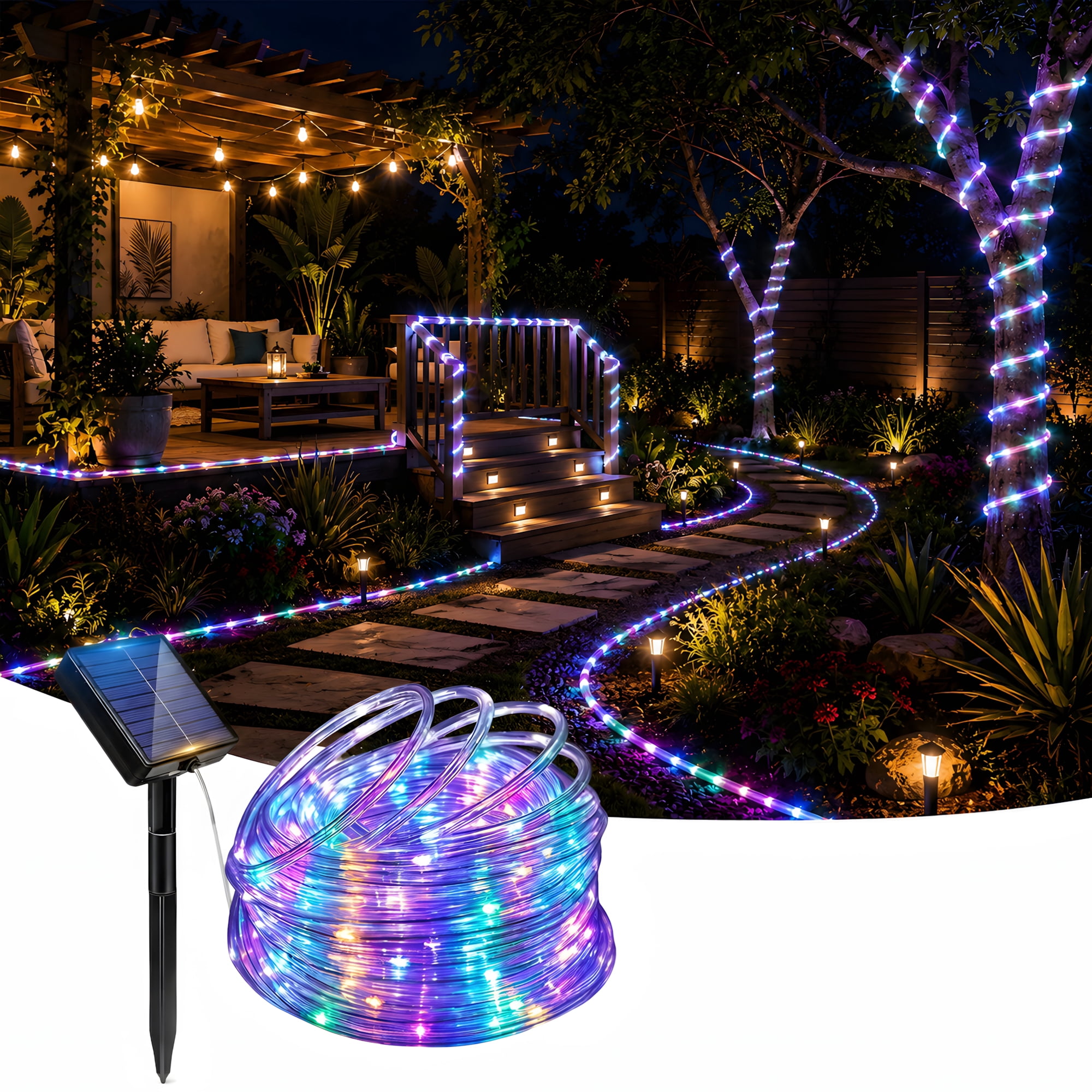 Volivo Solar Rope Lights Outdoor Waterproof LED Fairy Lights with 8 Lighting Modes (Multi-color, 66 ft) sncwx
