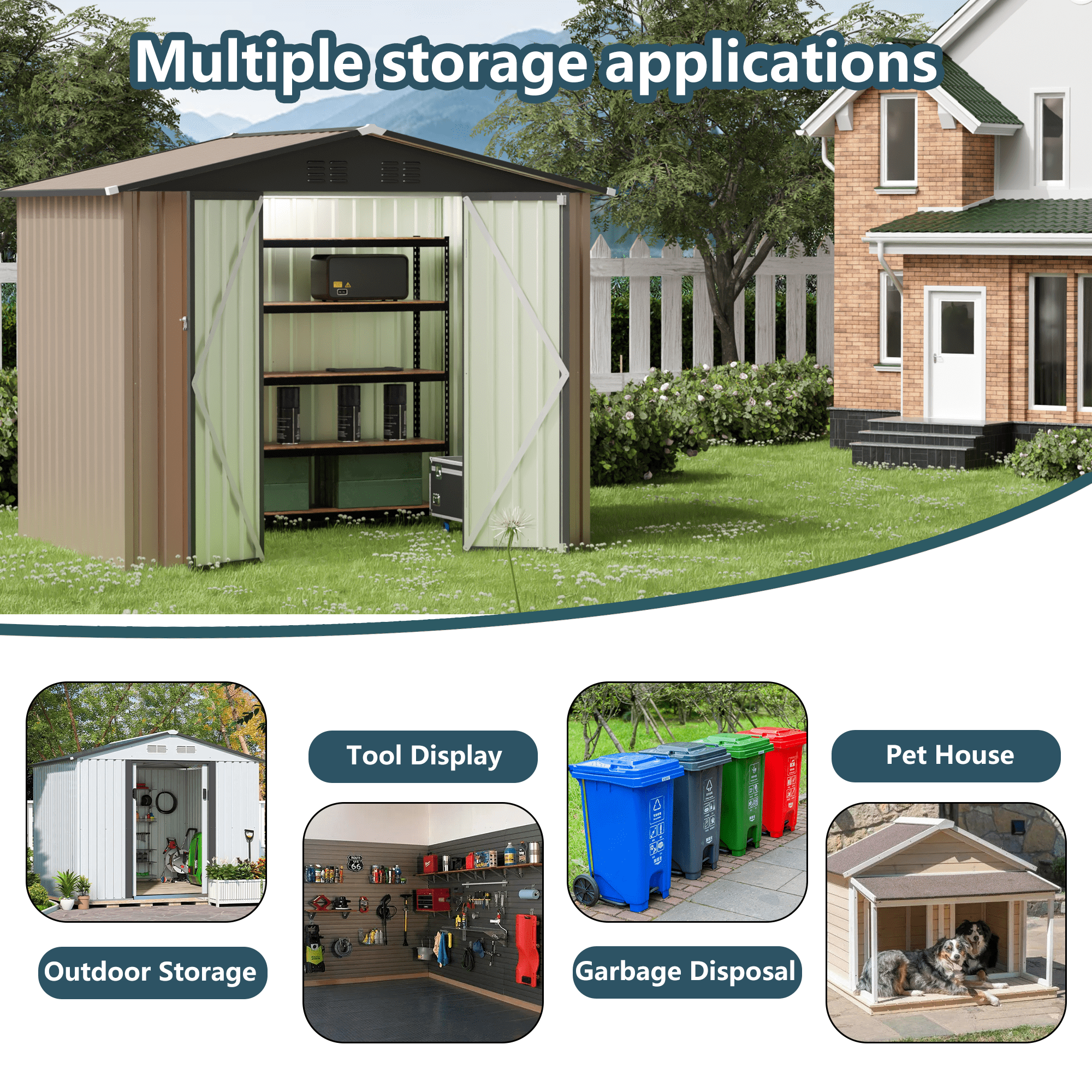 FFZ Galvanized Steel Garden Storage Shed with Apex Roof (Brown, 8x6 ft) l2dlr