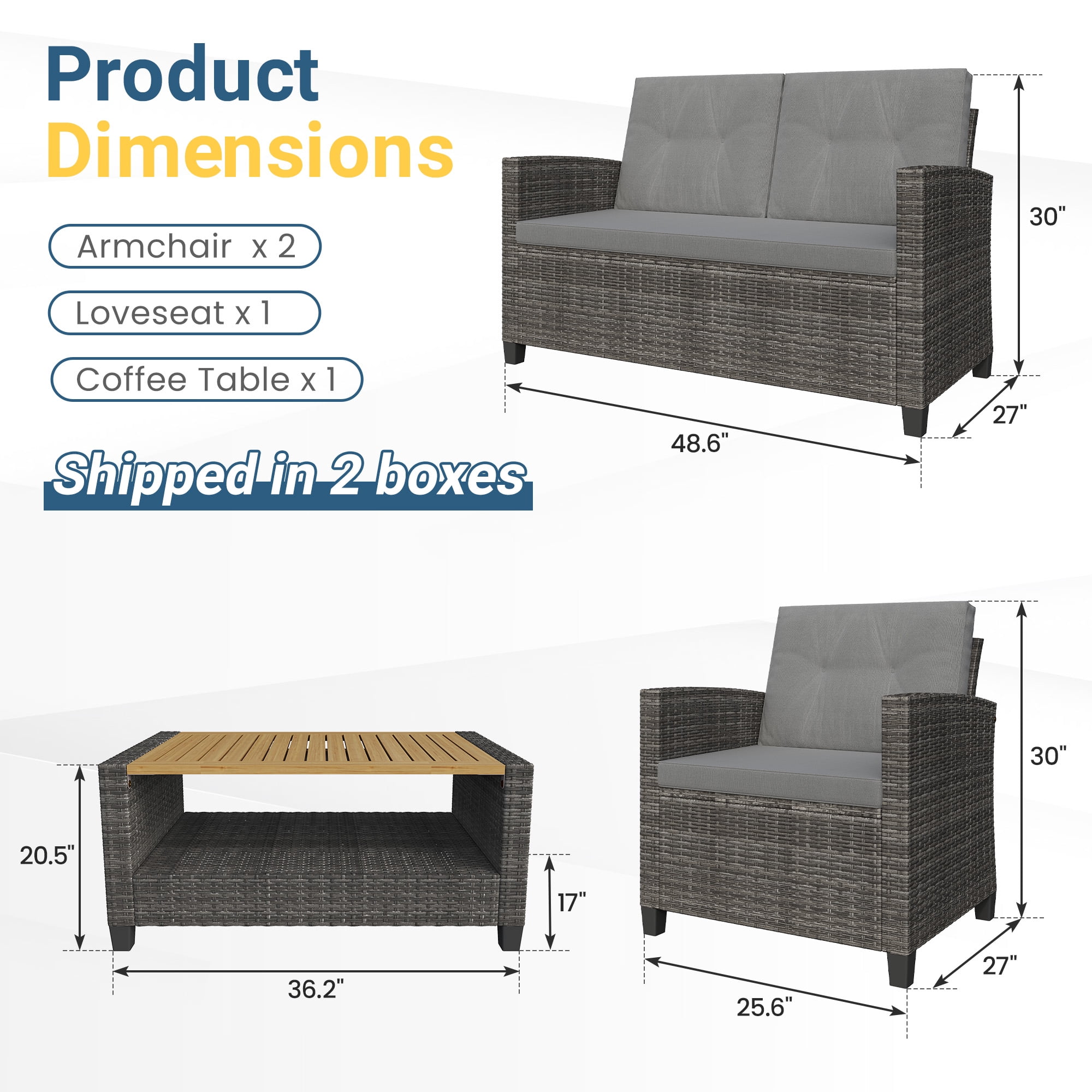 Heynemo 4-Piece Outdoor Patio Furniture Set, Rattan Conversation Set with Acacia Wood Coffee Table and Cushions (Gray, 4-Piece) bzx19