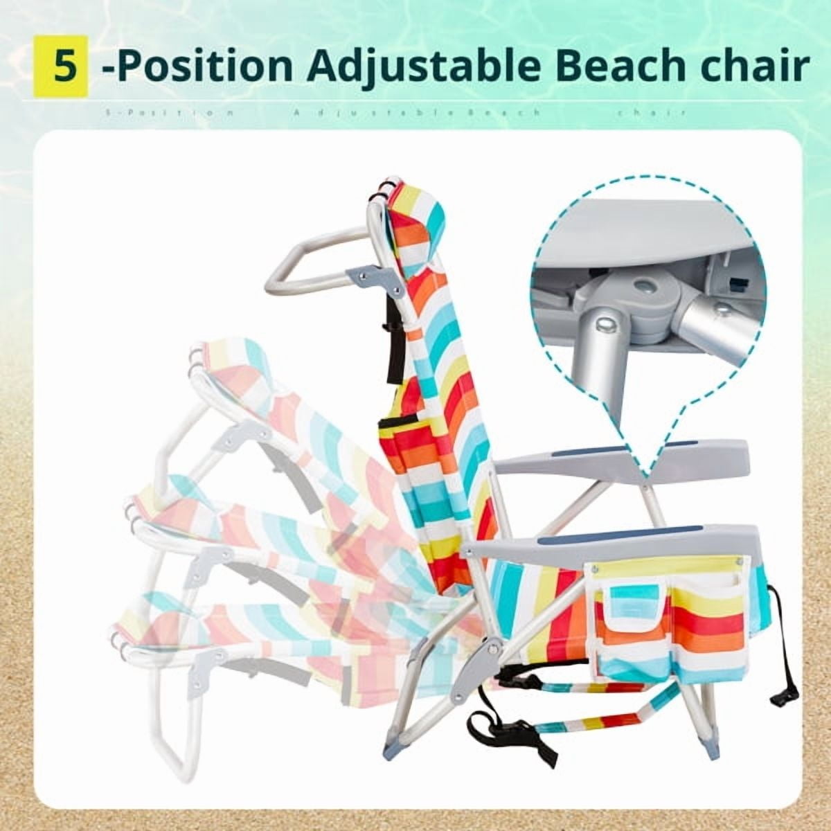 AsterOutdoor Folding Beach Chair with Adjustable Backrest and Cup Holder (Rainbow Stripes, 220 lb Capacity) d2h9m