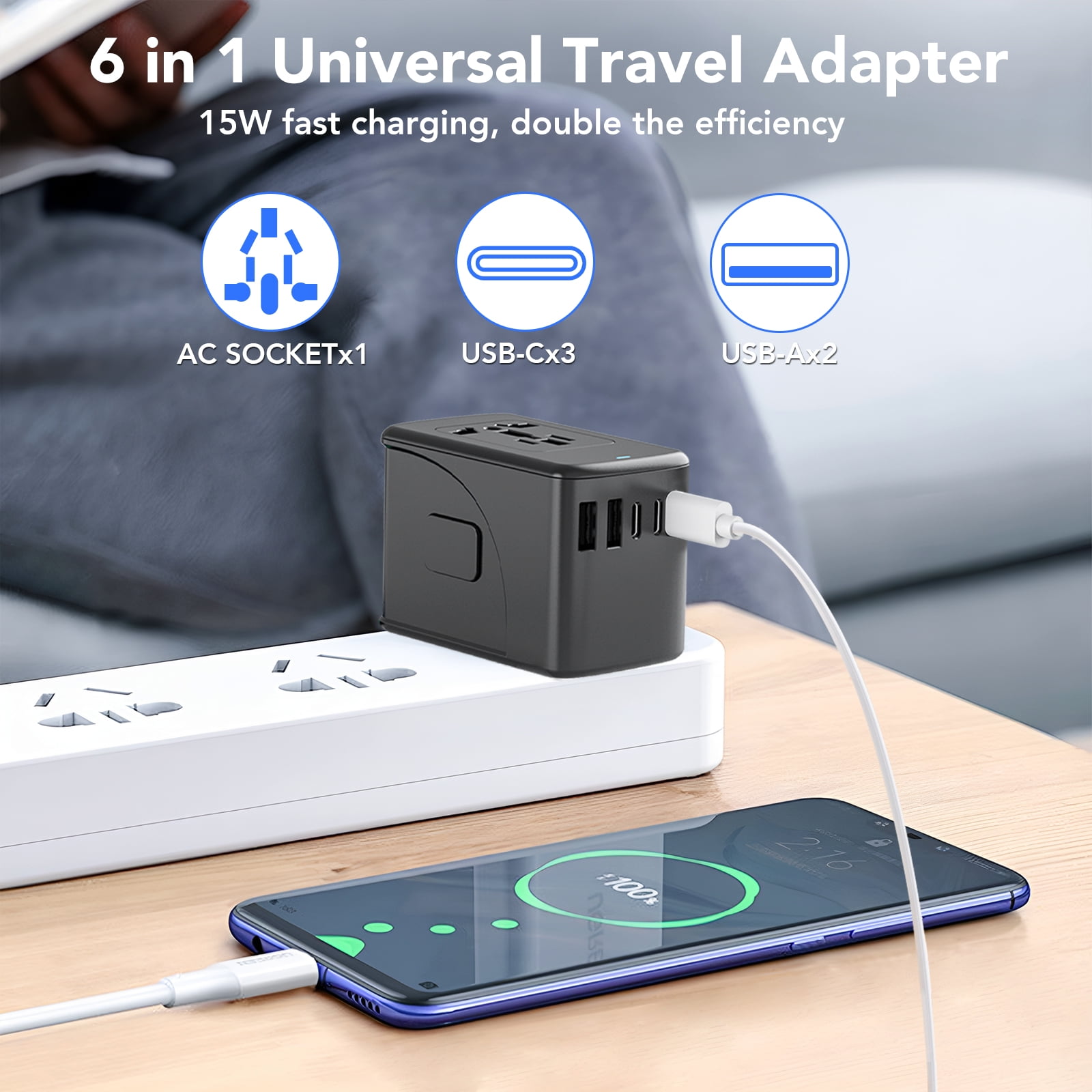 FAMOO Universal Travel Adapter International Power Plug with 3 USB-C and 2 USB-A Ports (Black) epx76