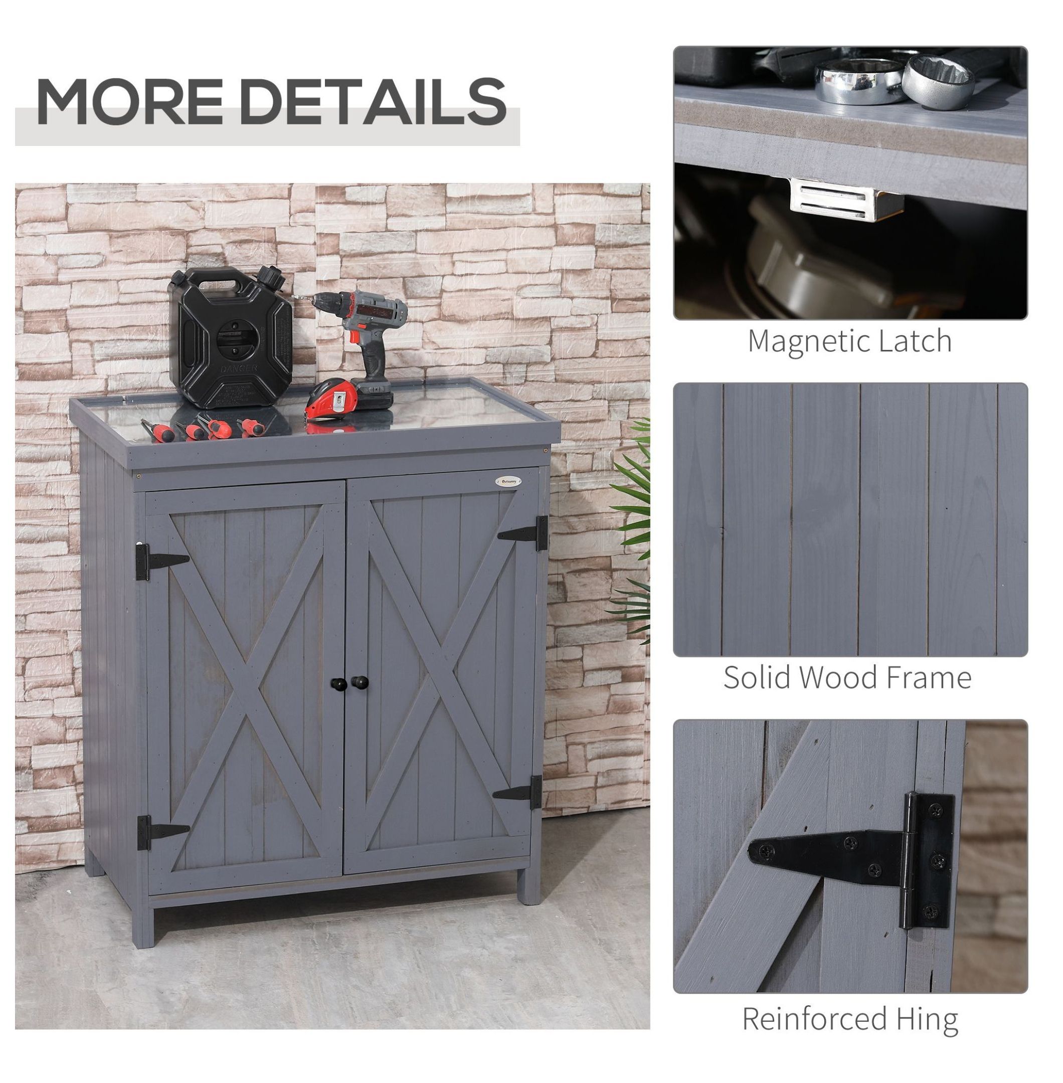 DyGTyX Patio Storage Cabinet, Outdoor Tool Shed with Galvanized Steel Top, Weather-Resistant Fir Wood, Double Door (Grey, 31.5 in W x 17.75 in D x 36.25 in H) 3adna