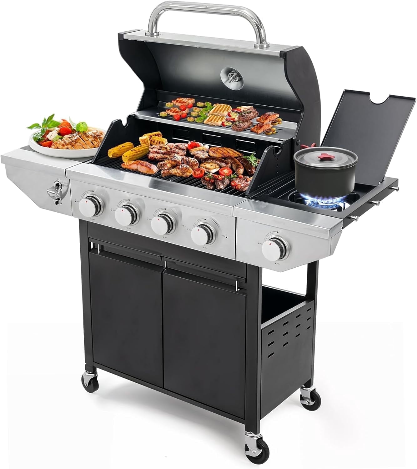 Lohasly 4-Burner Propane Gas Grill with Side Burner (Black, 562 sq. in. Cooking Area) umx2o