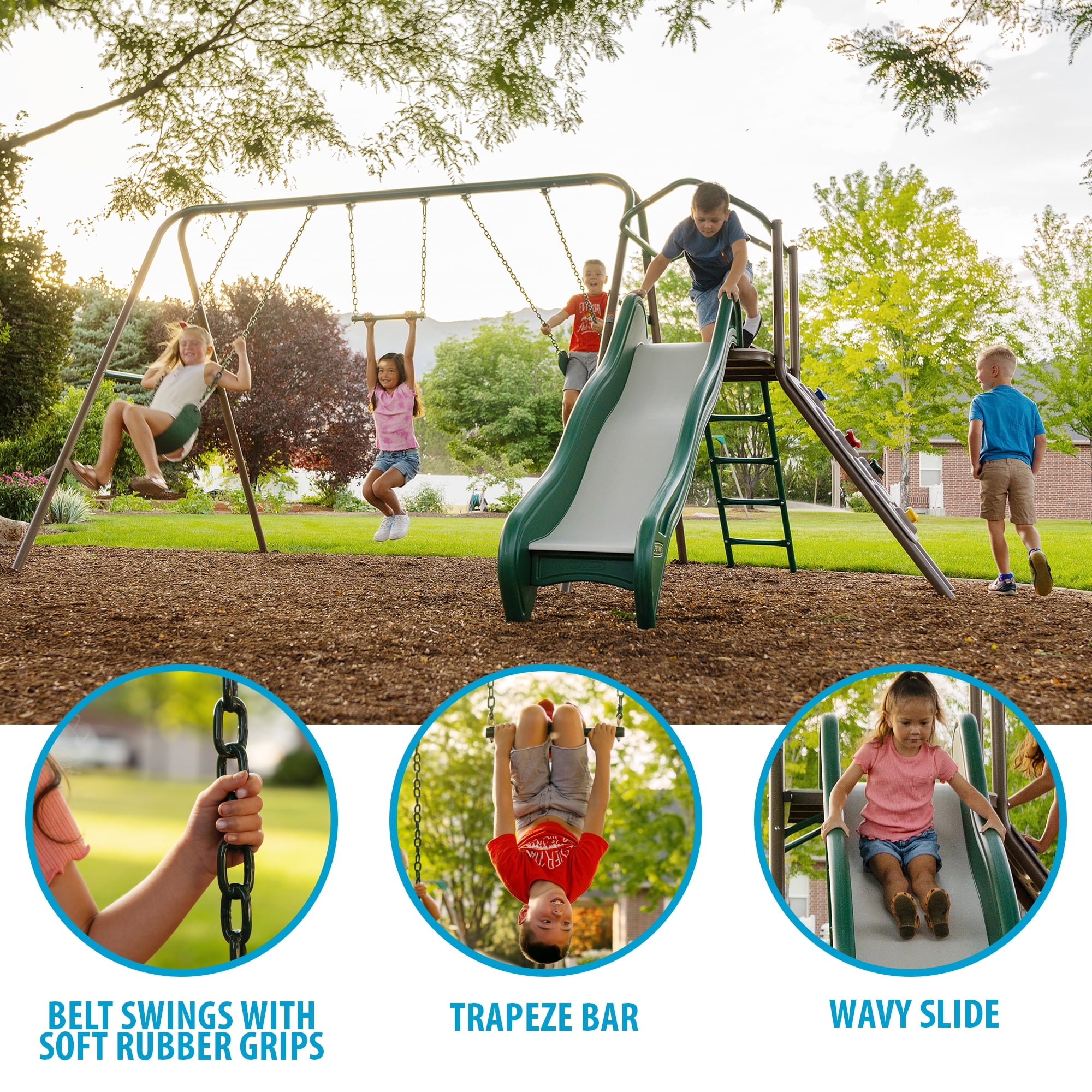 Lifetime Outdoor Adventure Swing Set with Slide, Climbing Wall, and Trapeze Bar (Green, 1 Set) twtmy