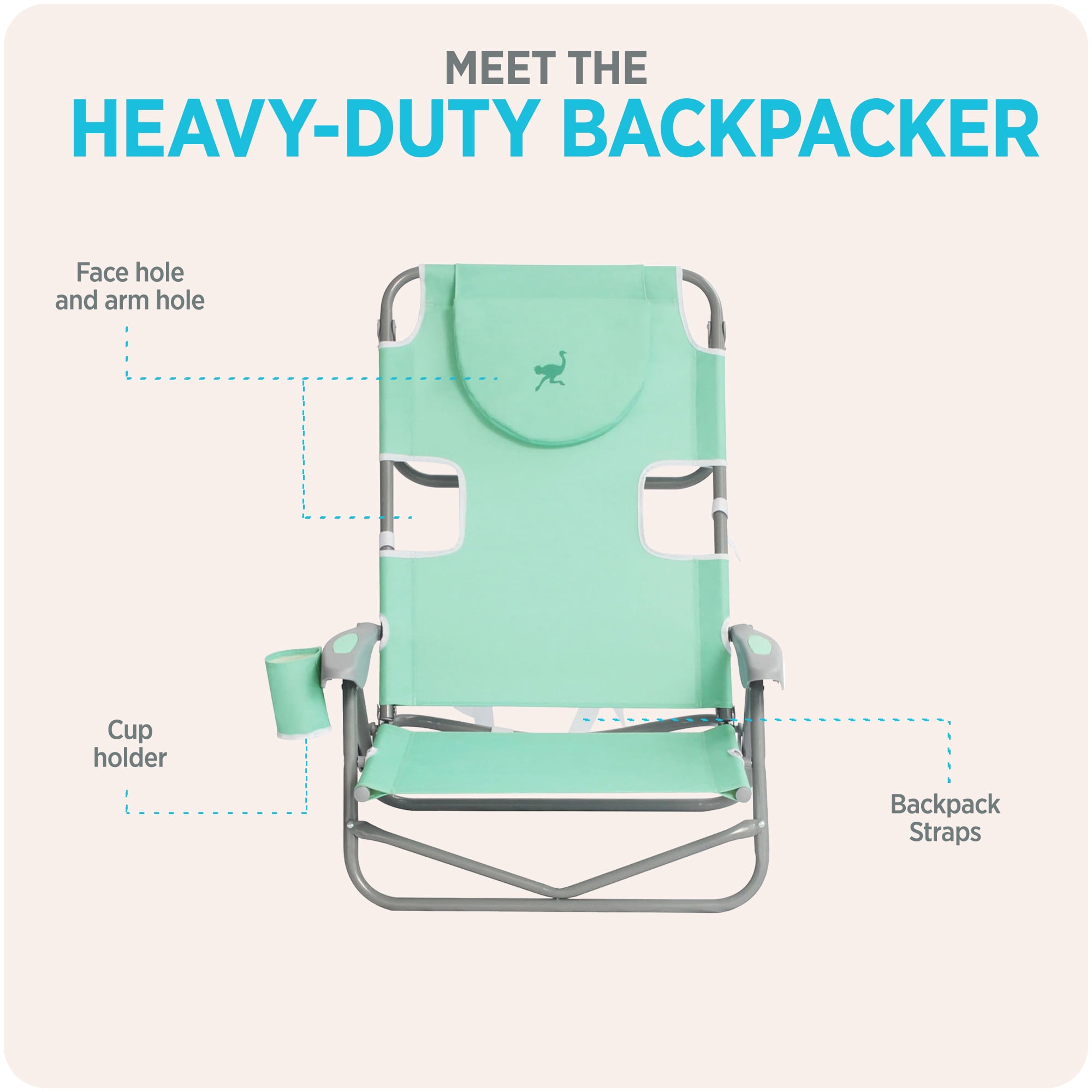 Ostrich On-Your-Back Outdoor Reclining Beach Chair with Face Cavity (Teal, 46 in x 27 in) q99kn