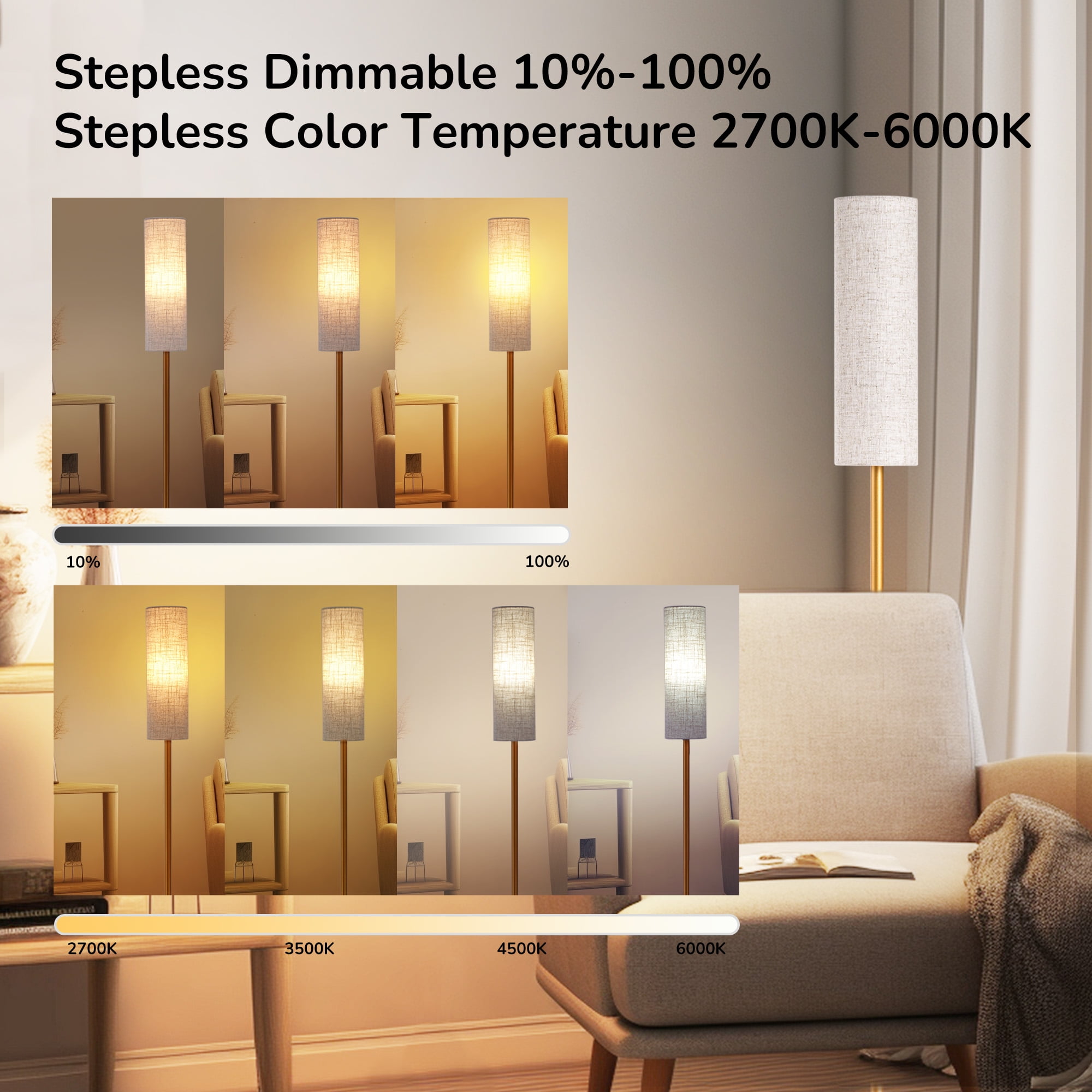 EDISHINE Modern LED Floor Lamp with Remote Control and Dimmable Lighting (Gold, 65 in) 86qpe