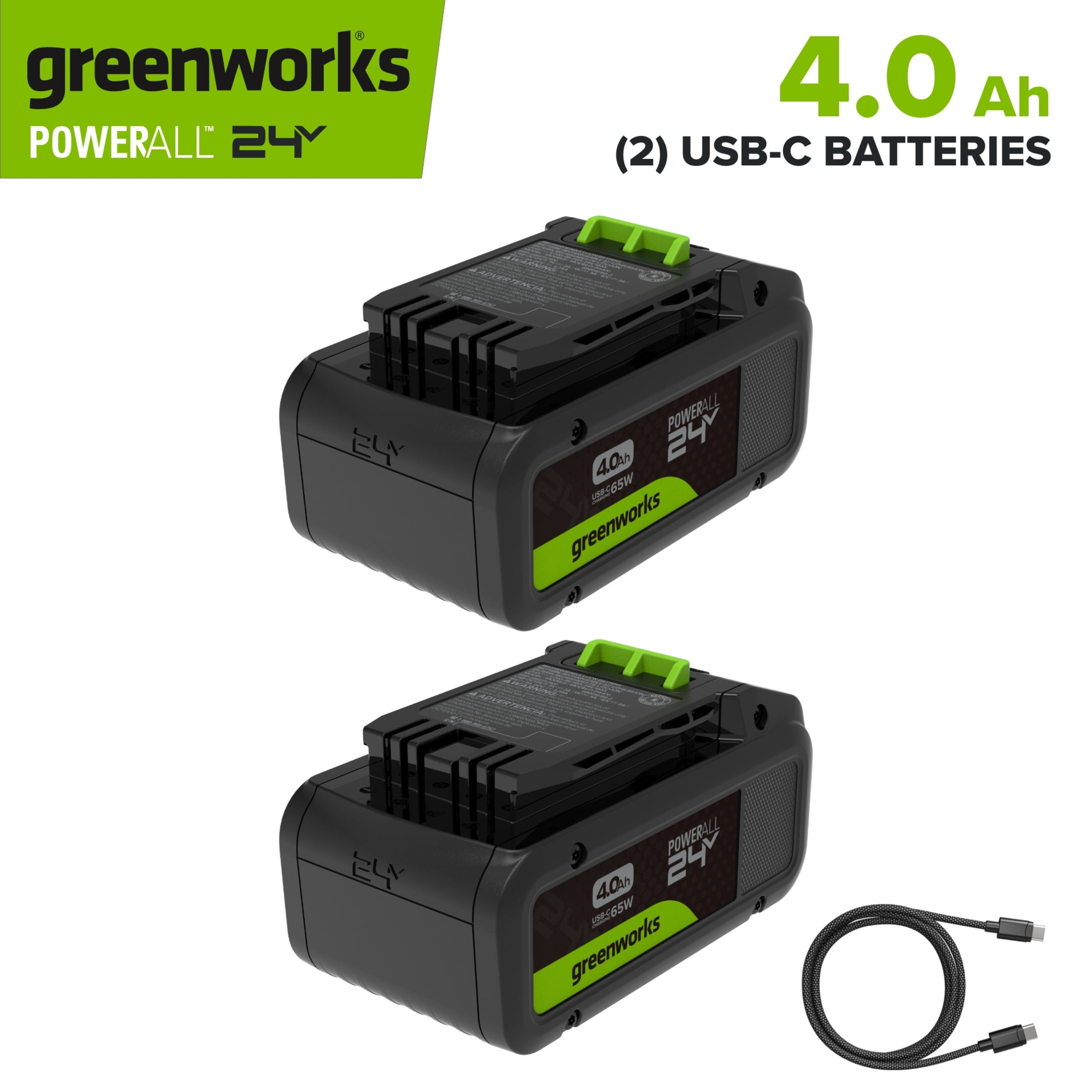 Greenworks PowerAll 24V Lithium-Ion Battery (2-Pack, 4.0Ah, with Charging Cable) 9u5ms
