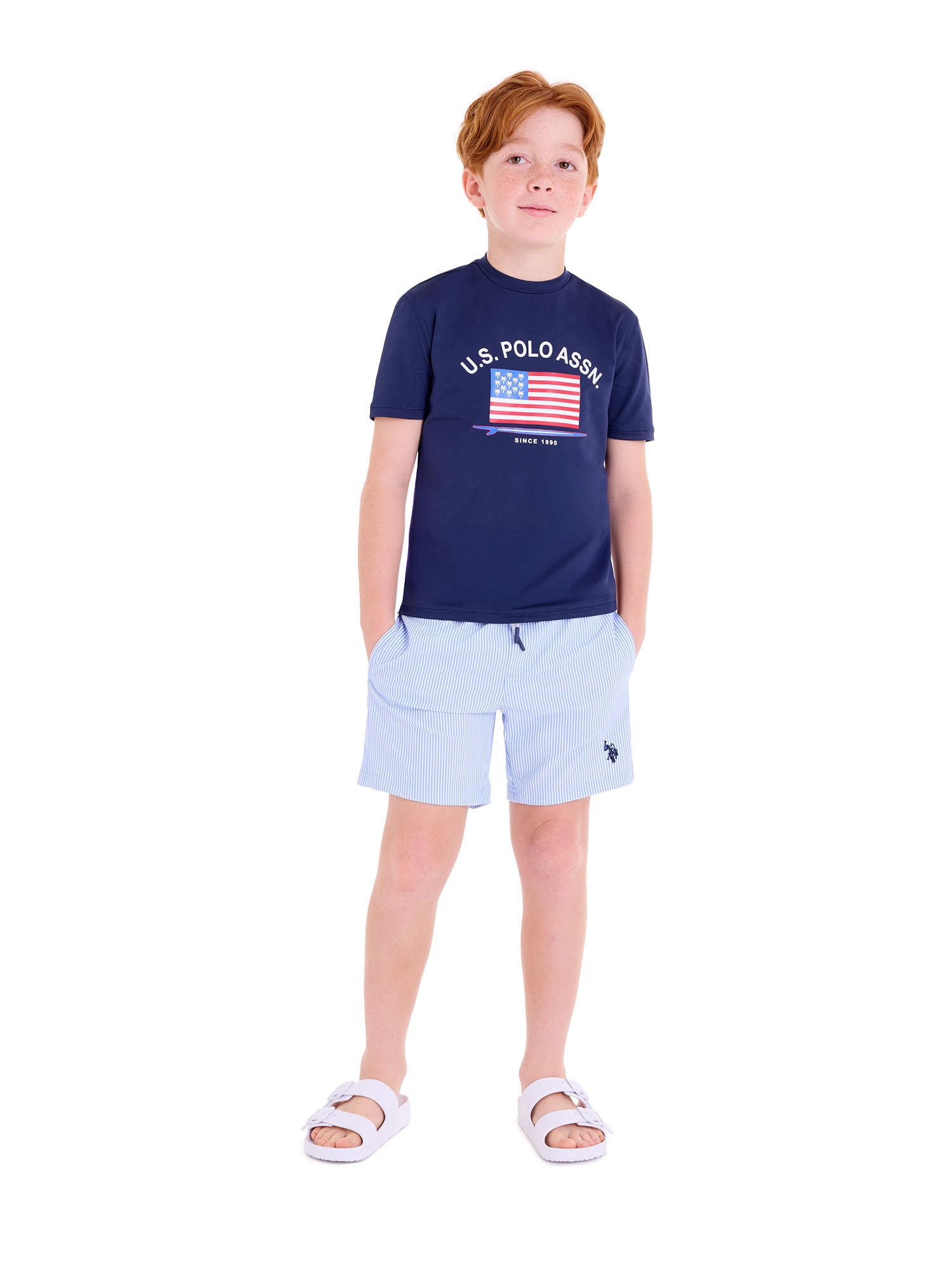 U.S. Polo Assn. Boys Short Sleeve Flag Print Rash Guard (Blue, Size 4-18) a2nfp