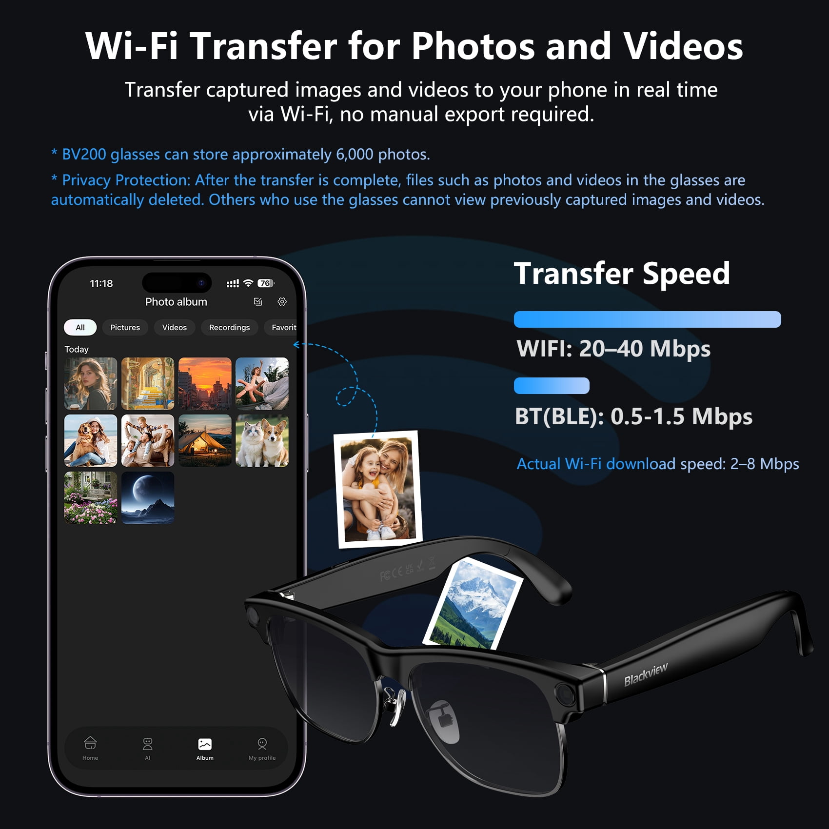 Blackview AI Smart Glasses with 1080P Camera, Real-Time Translation, and Polarized Lenses (Black, One Size) 7smet