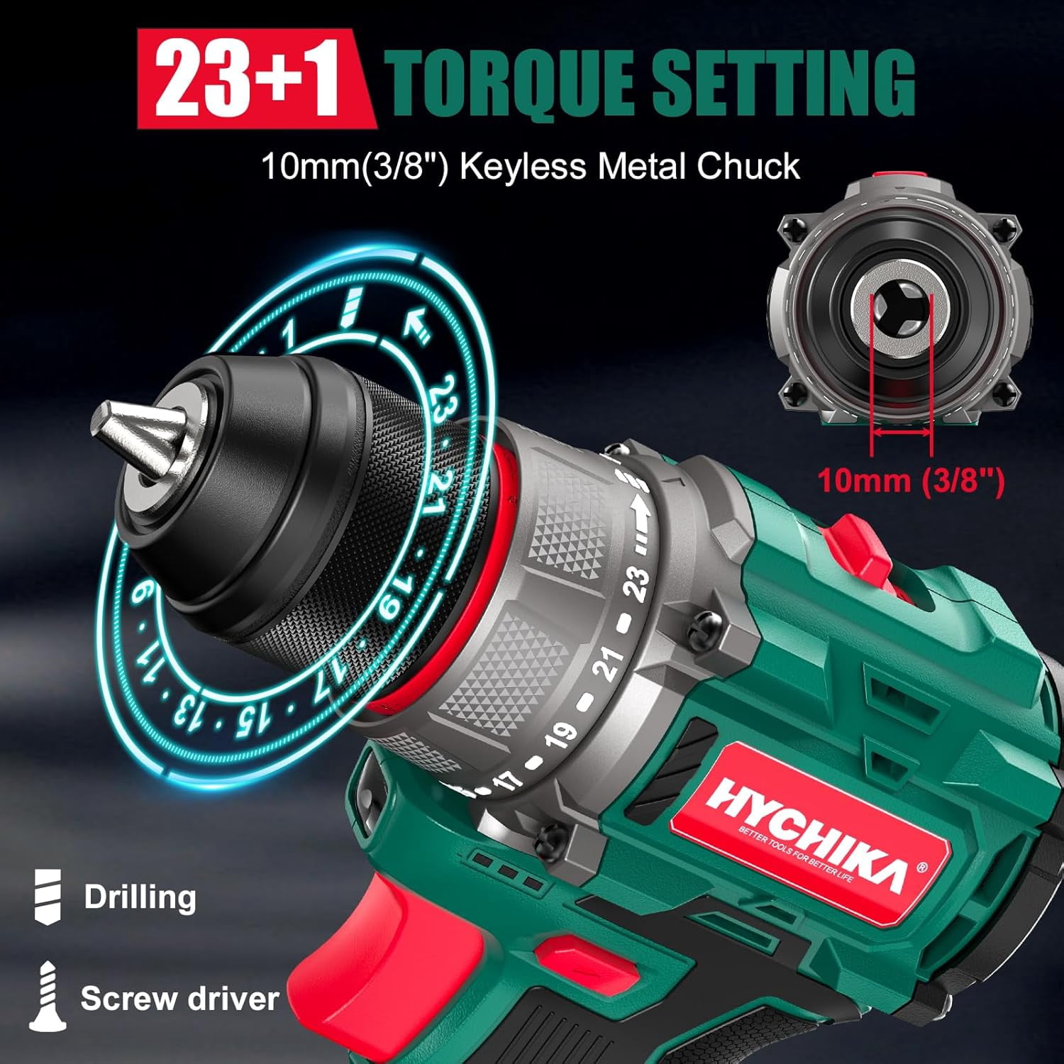 HYCHIKA Brushless Cordless Drill Driver Set with 53-Piece Accessory Kit, 16.8V Power Drill with 410 in-lb Torque, 3/8 in Keyless Chuck, LED Light (Green, 1 Battery) 2izte