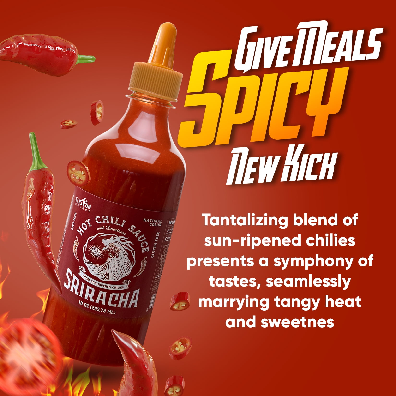 Fusion Select Sriracha Hot Sauce, Gourmet Spicy & Sweet Chili Seasoning for Cooking and Grilling (10 oz) y4414