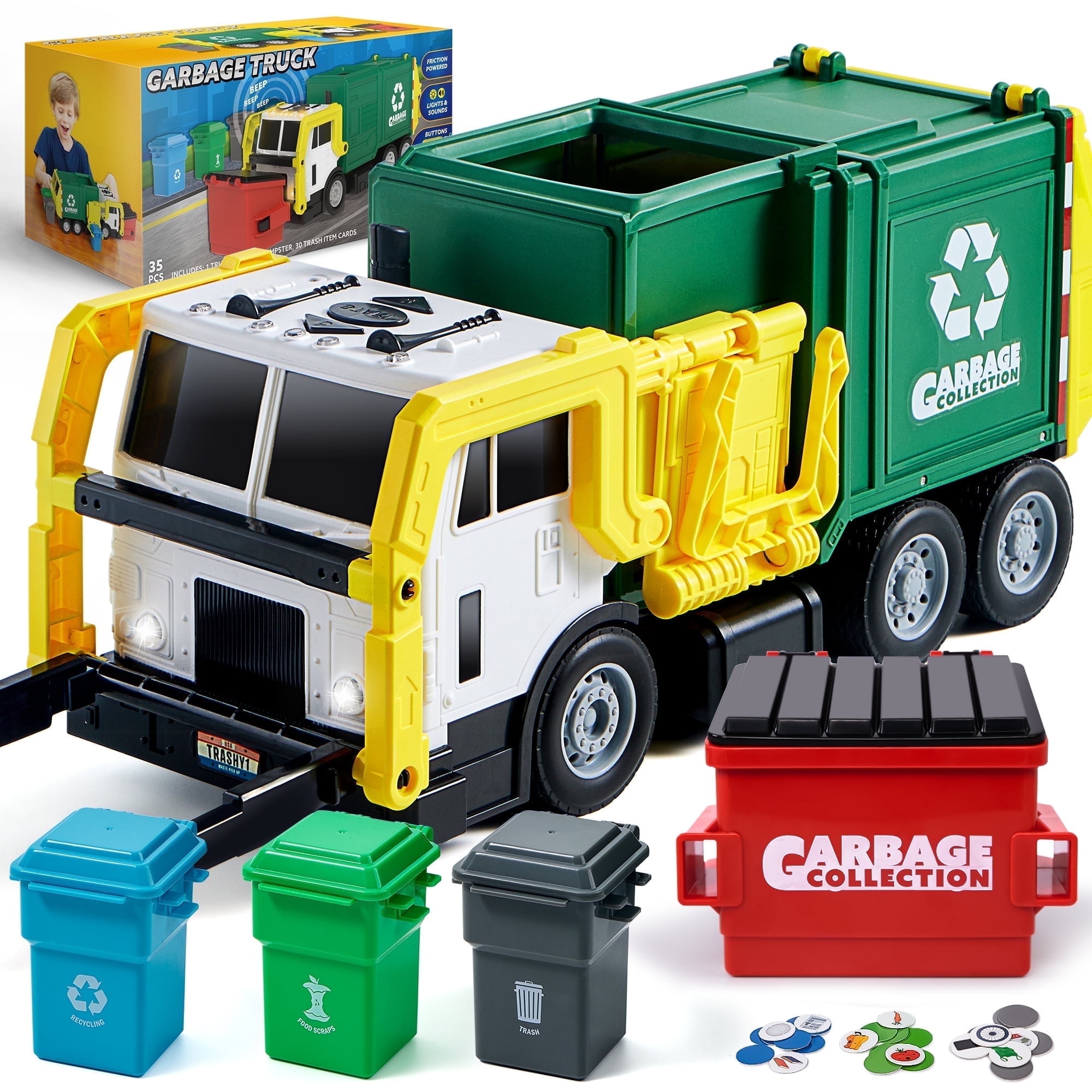 Joyfy Large Garbage Truck Toy with Lights and Sounds, Friction-Powered Recycling Vehicle with Sorting Bins (Green, 16 in) bho32