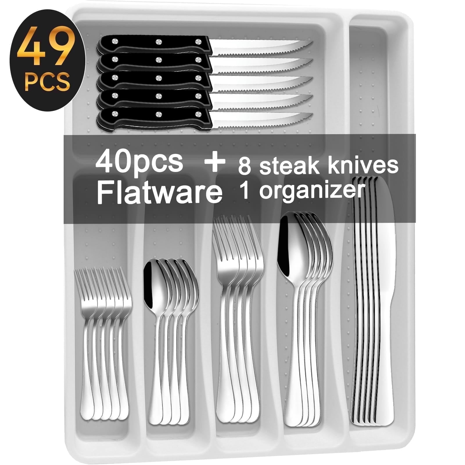 Kosbon 49-Piece Stainless Steel Flatware Set with Drawer Organizer (Service for 8, Silver) gxed7