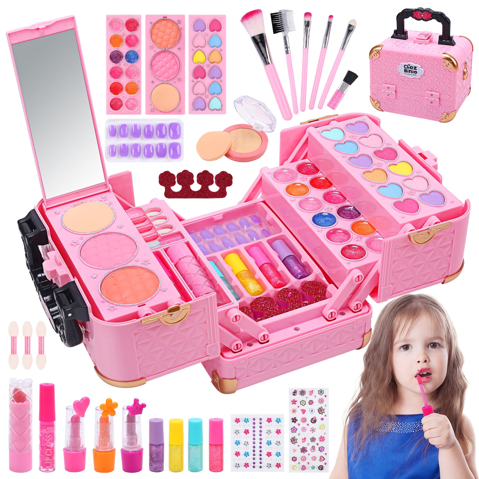 JoyStone Kids Washable Makeup Kit, Pretend Play Vanity Set with Carrying Case (Pink, 62-Piece Set) 6yhxu