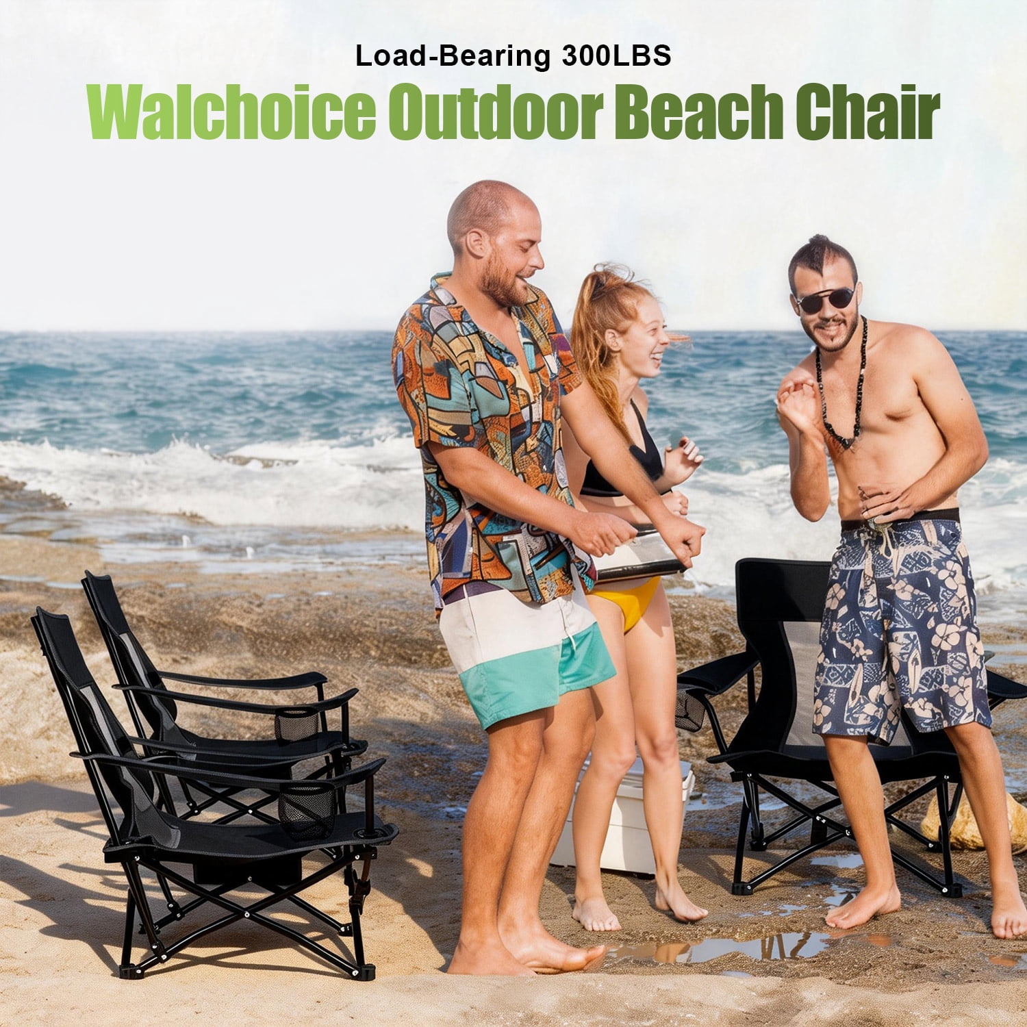 Walchoice Folding Beach Chair for Adults, Heavy Duty Portable Camping Chair with High Back and Cup Holder (Black, 30.7 in Wide) pt18e