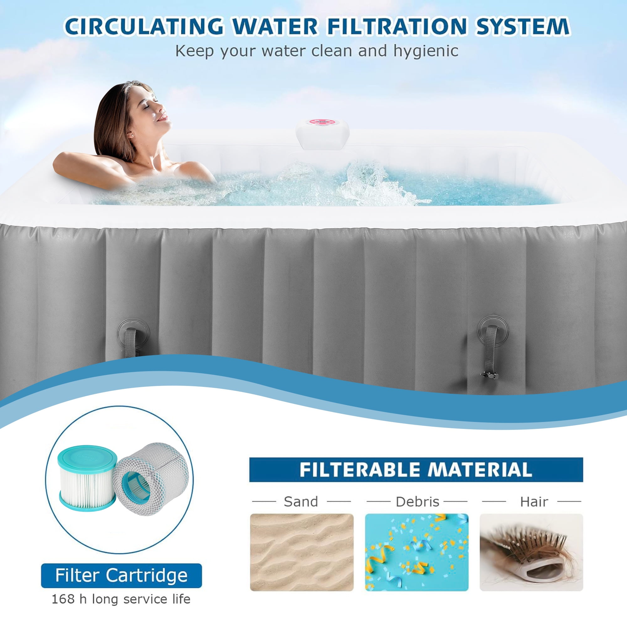 Segmart 73 in Inflatable Hot Tub Spa, Outdoor Portable Jacuzzi with 130 Jets and Insulated Cover (Gray, 240 gal) ir351