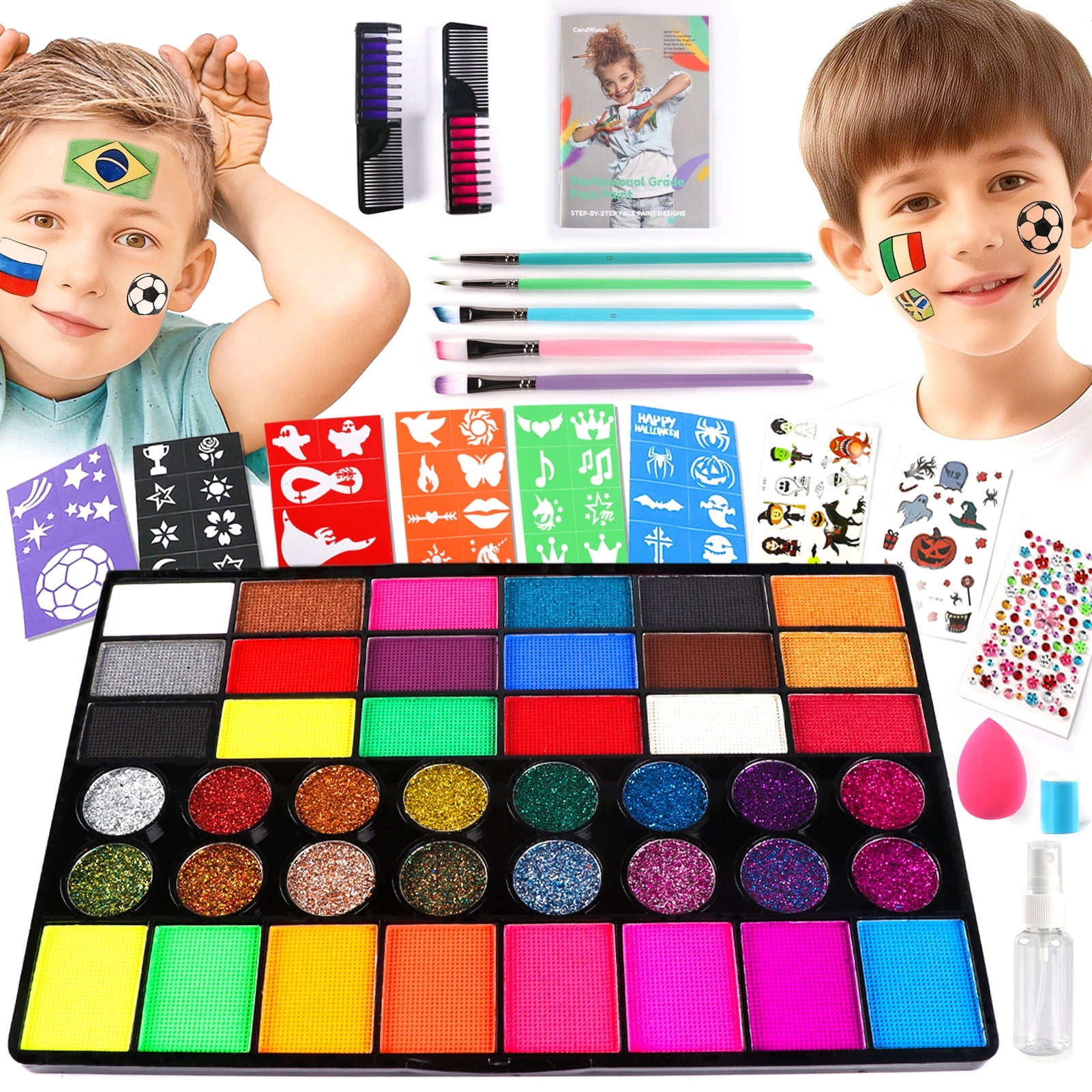 CandWuom Professional Face Painting Kit, Water Activated Paint Set with Brushes, Stencils, and Gems (42 Colors) njwol